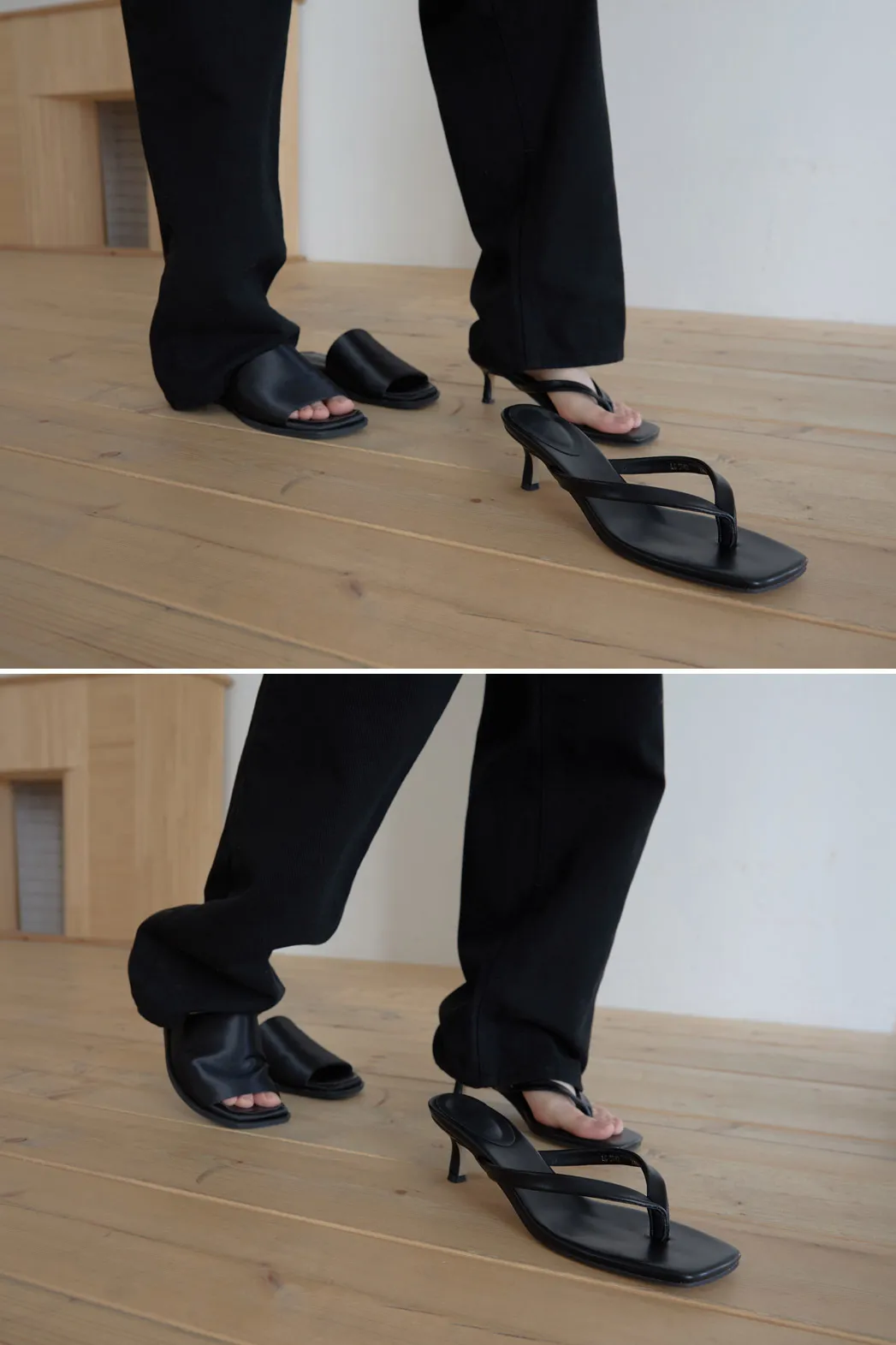レザー調スクエアトゥ無地ヒールサンダル春夏秋 | 詳細画像1