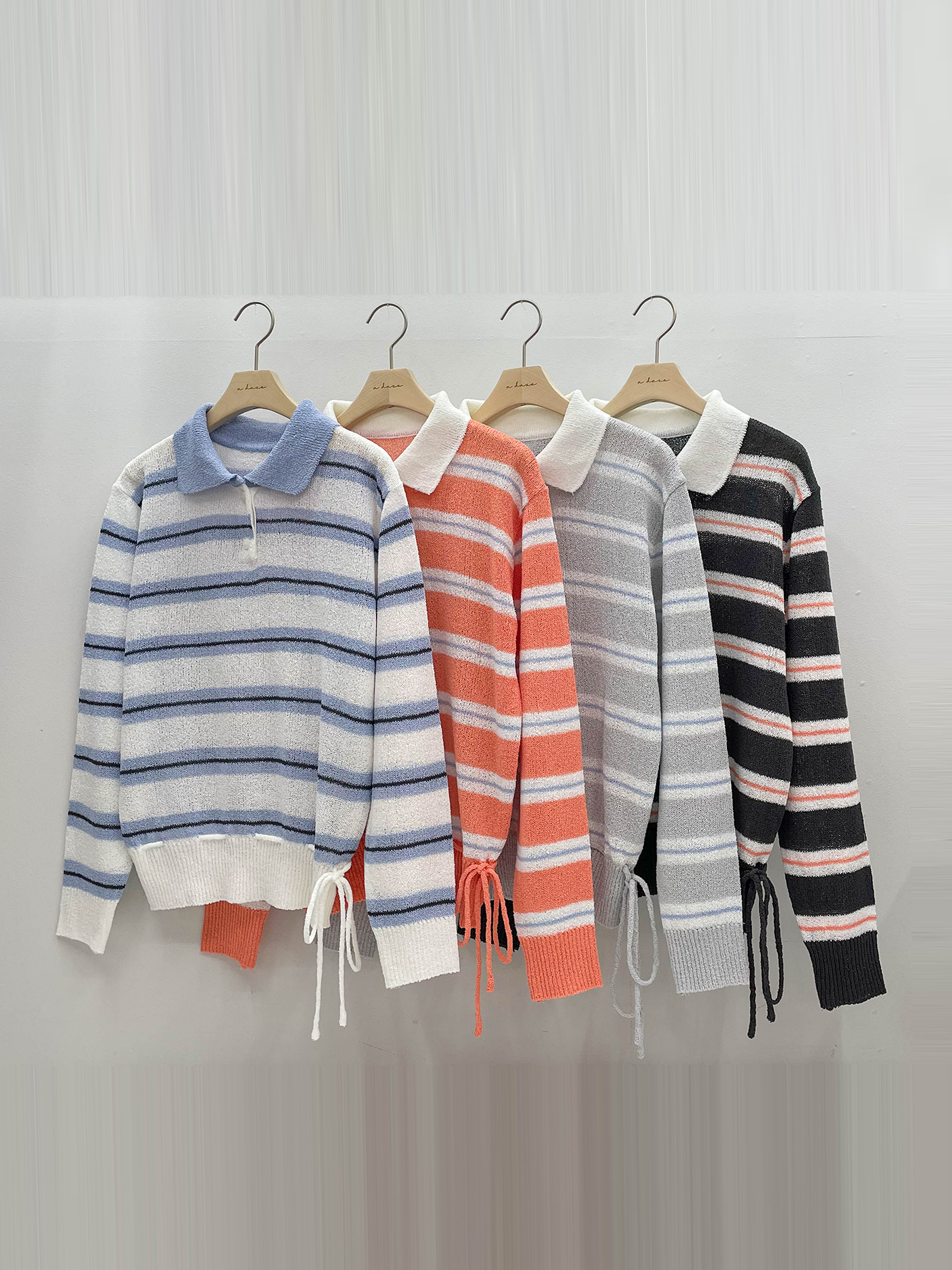 アクリルカラーヘンリーネックドローストリングハーフボタンルーズ長袖ボーダーTシャツ | 詳細画像19