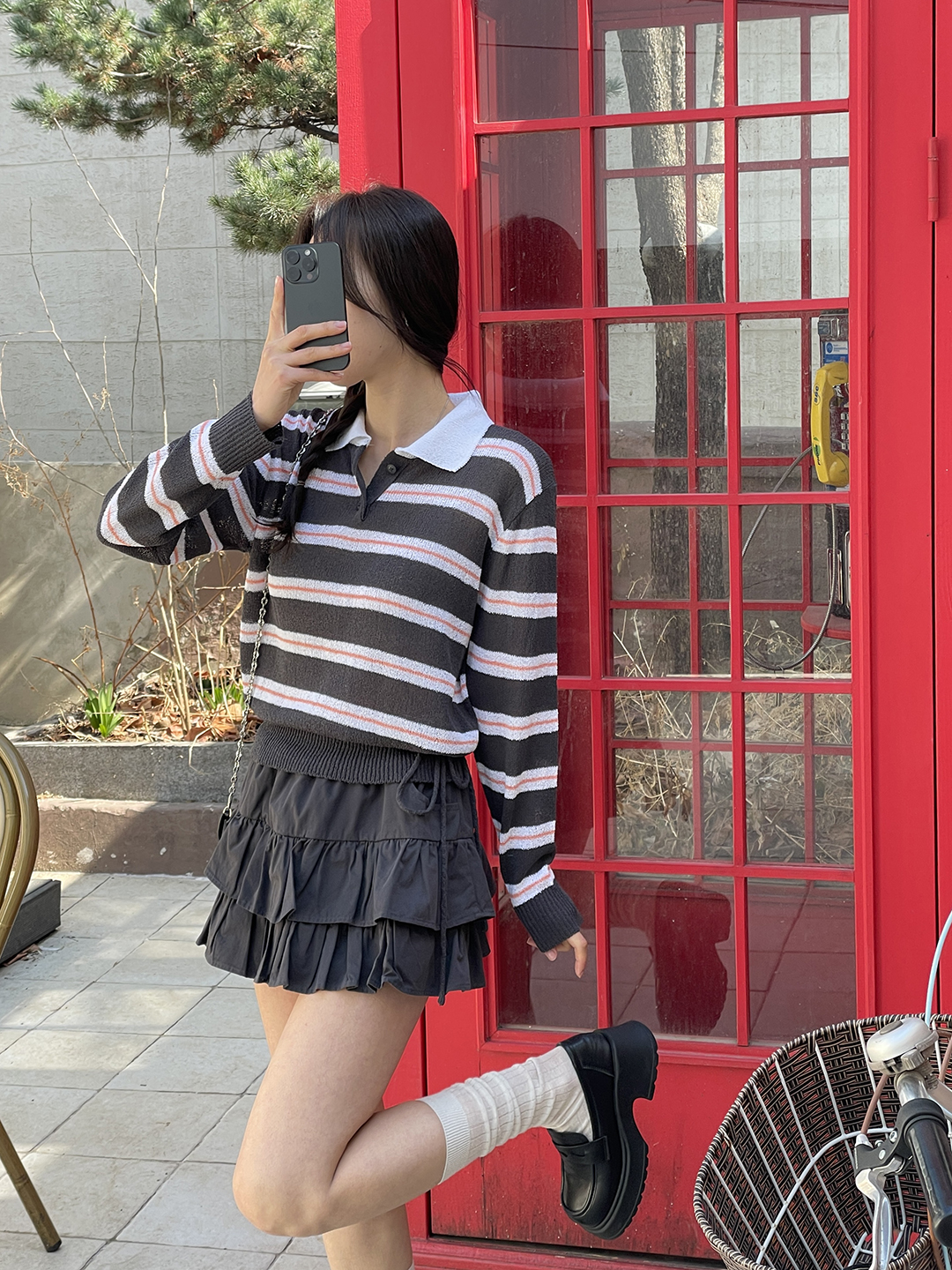 アクリルカラーヘンリーネックドローストリングハーフボタンルーズ長袖ボーダーTシャツ | 詳細画像9