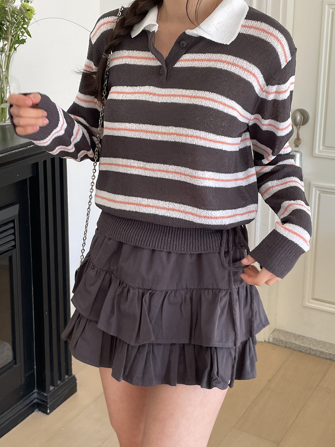 アクリルカラーヘンリーネックドローストリングハーフボタンルーズ長袖ボーダーTシャツ | 詳細画像10