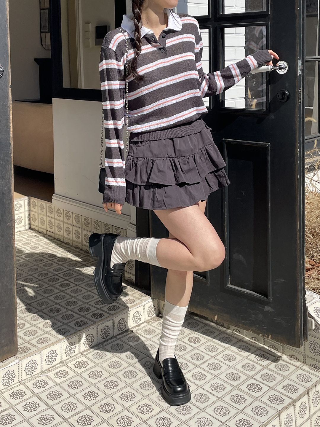 アクリルカラーヘンリーネックドローストリングハーフボタンルーズ長袖ボーダーTシャツ | 詳細画像11