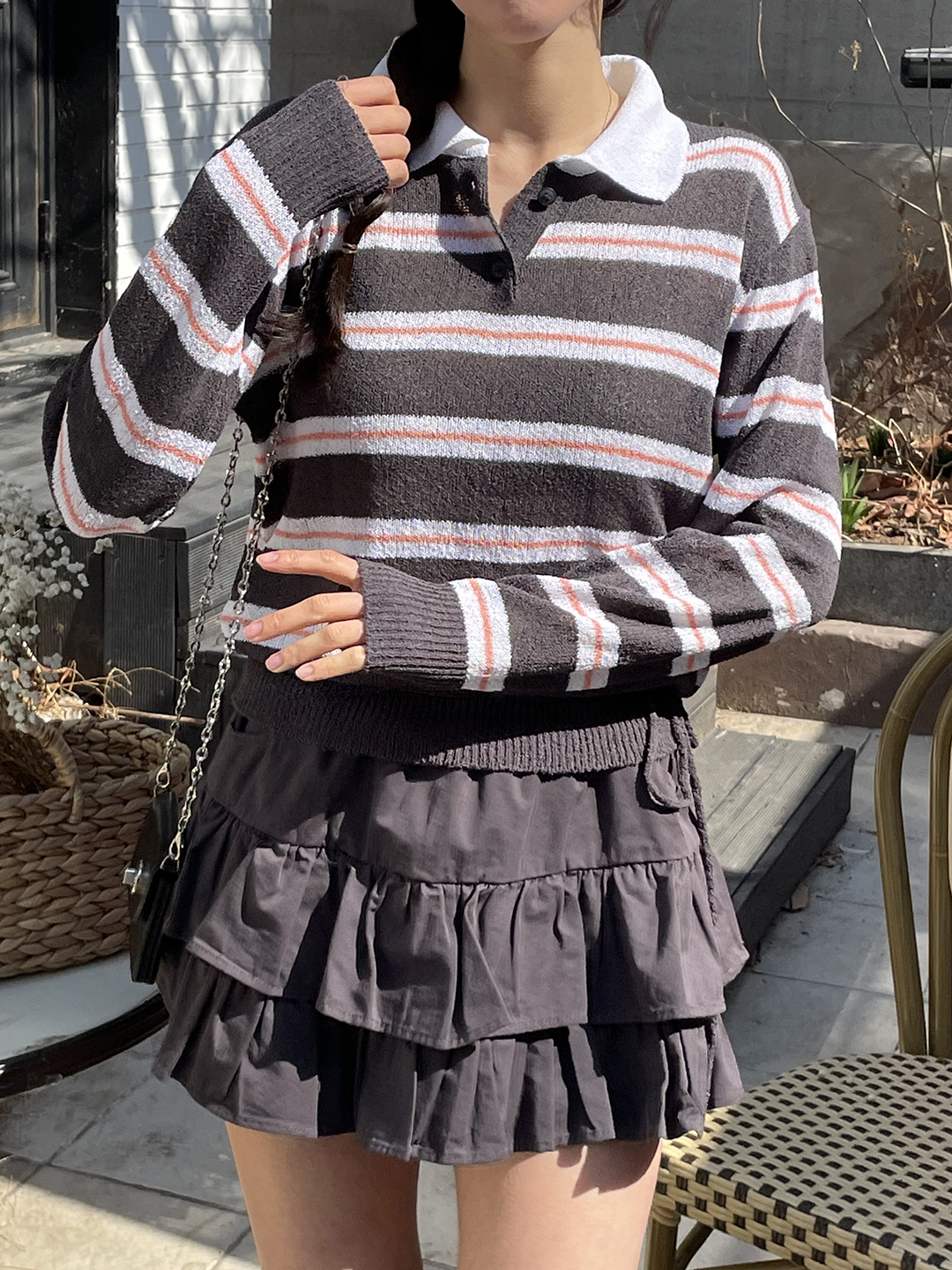 アクリルカラーヘンリーネックドローストリングハーフボタンルーズ長袖ボーダーTシャツ | 詳細画像12