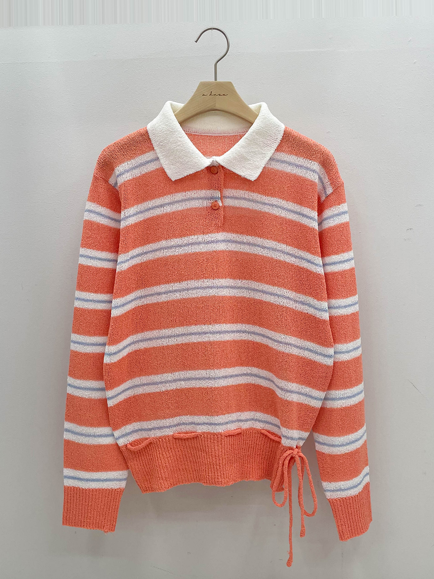 アクリルカラーヘンリーネックドローストリングハーフボタンルーズ長袖ボーダーTシャツ | 詳細画像16