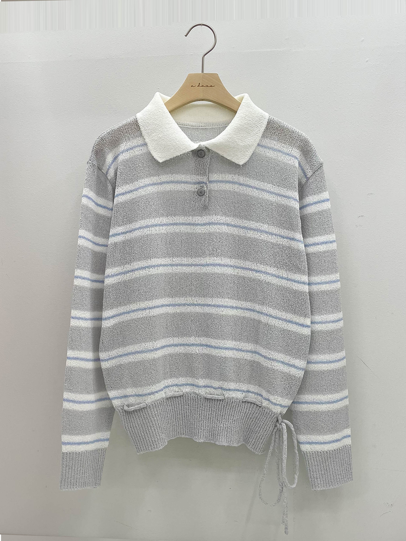 アクリルカラーヘンリーネックドローストリングハーフボタンルーズ長袖ボーダーTシャツ | 詳細画像17