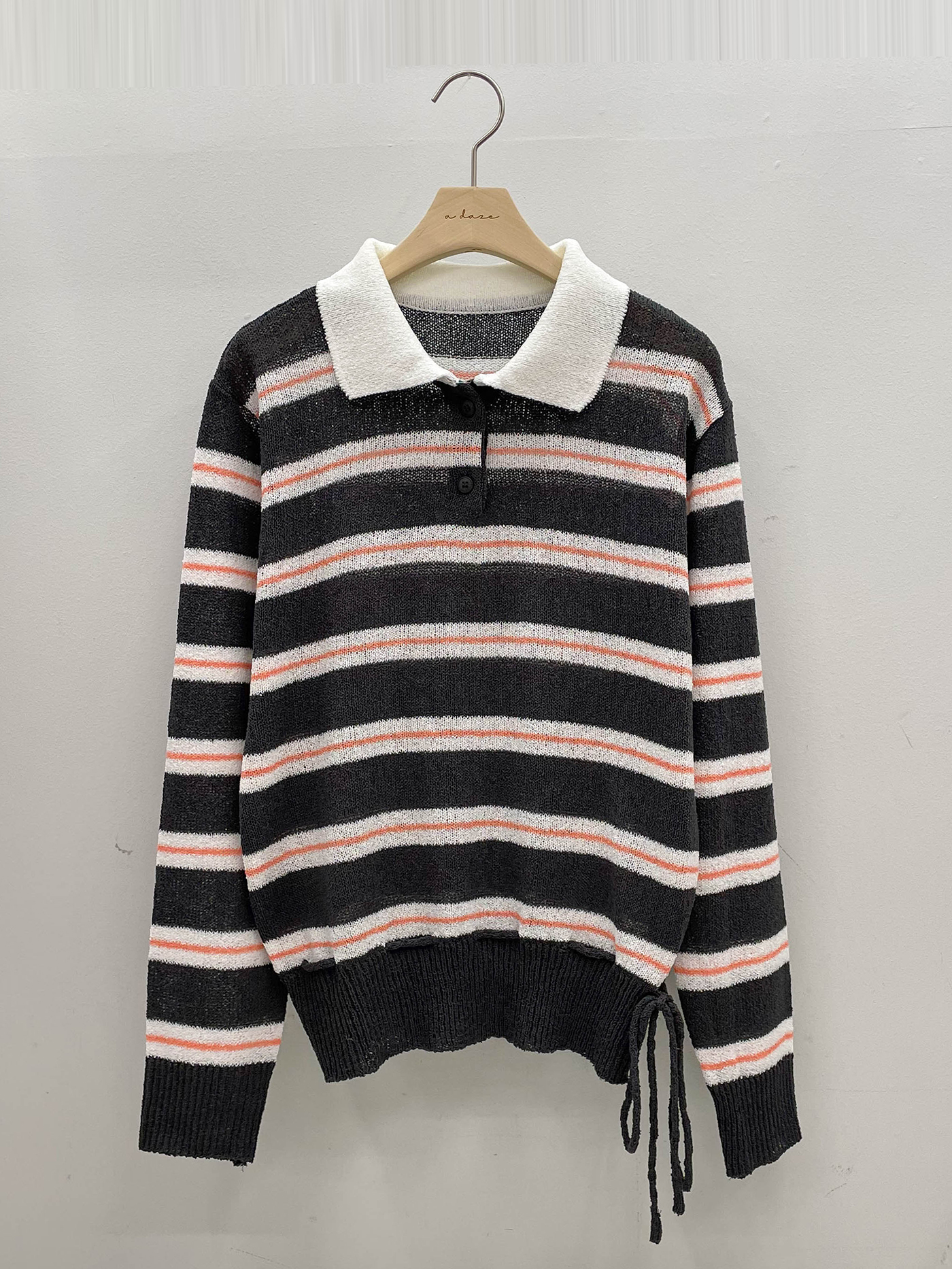 アクリルカラーヘンリーネックドローストリングハーフボタンルーズ長袖ボーダーTシャツ | 詳細画像18