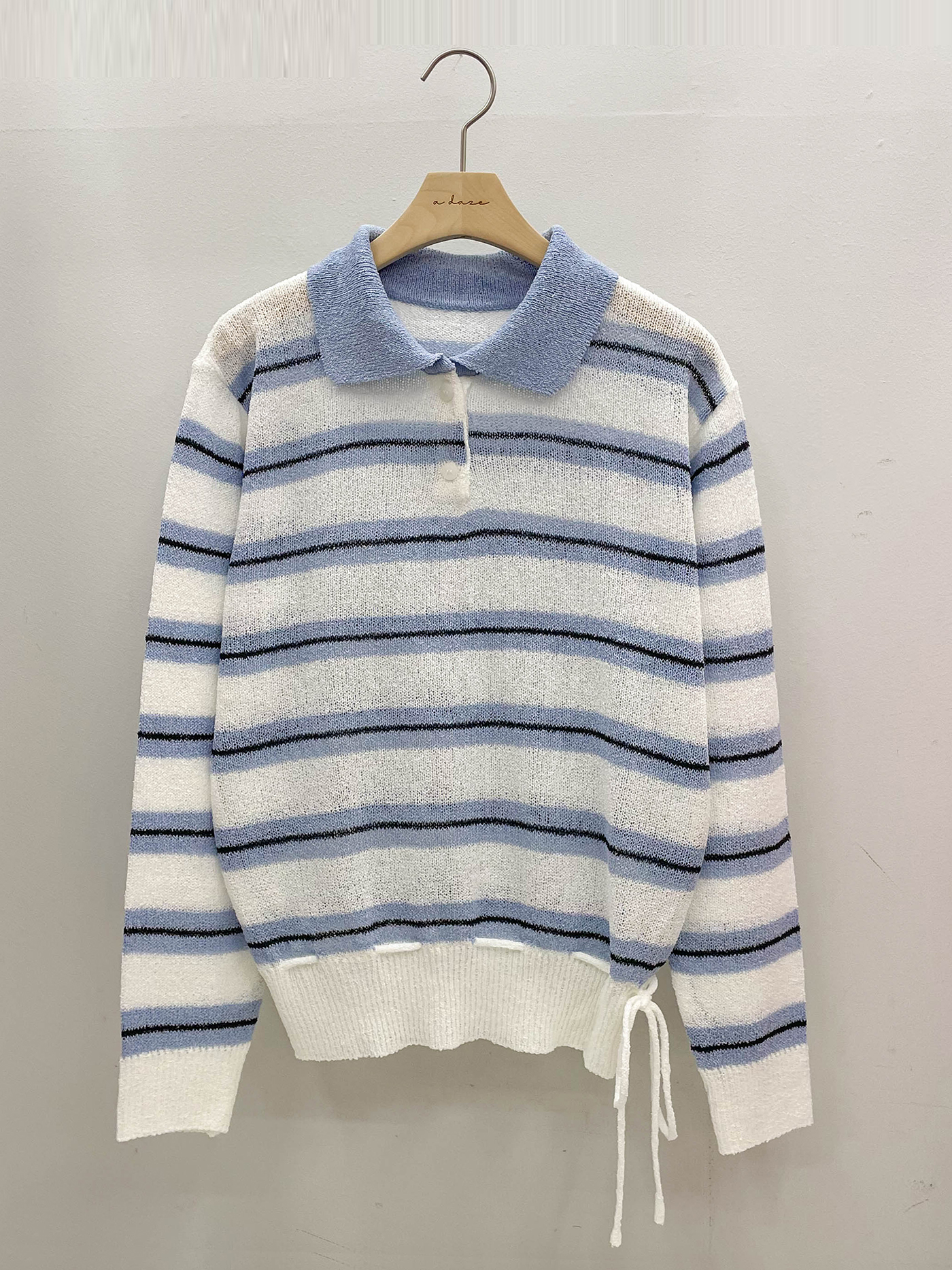 アクリルカラーヘンリーネックドローストリングハーフボタンルーズ長袖ボーダーTシャツ | 詳細画像15