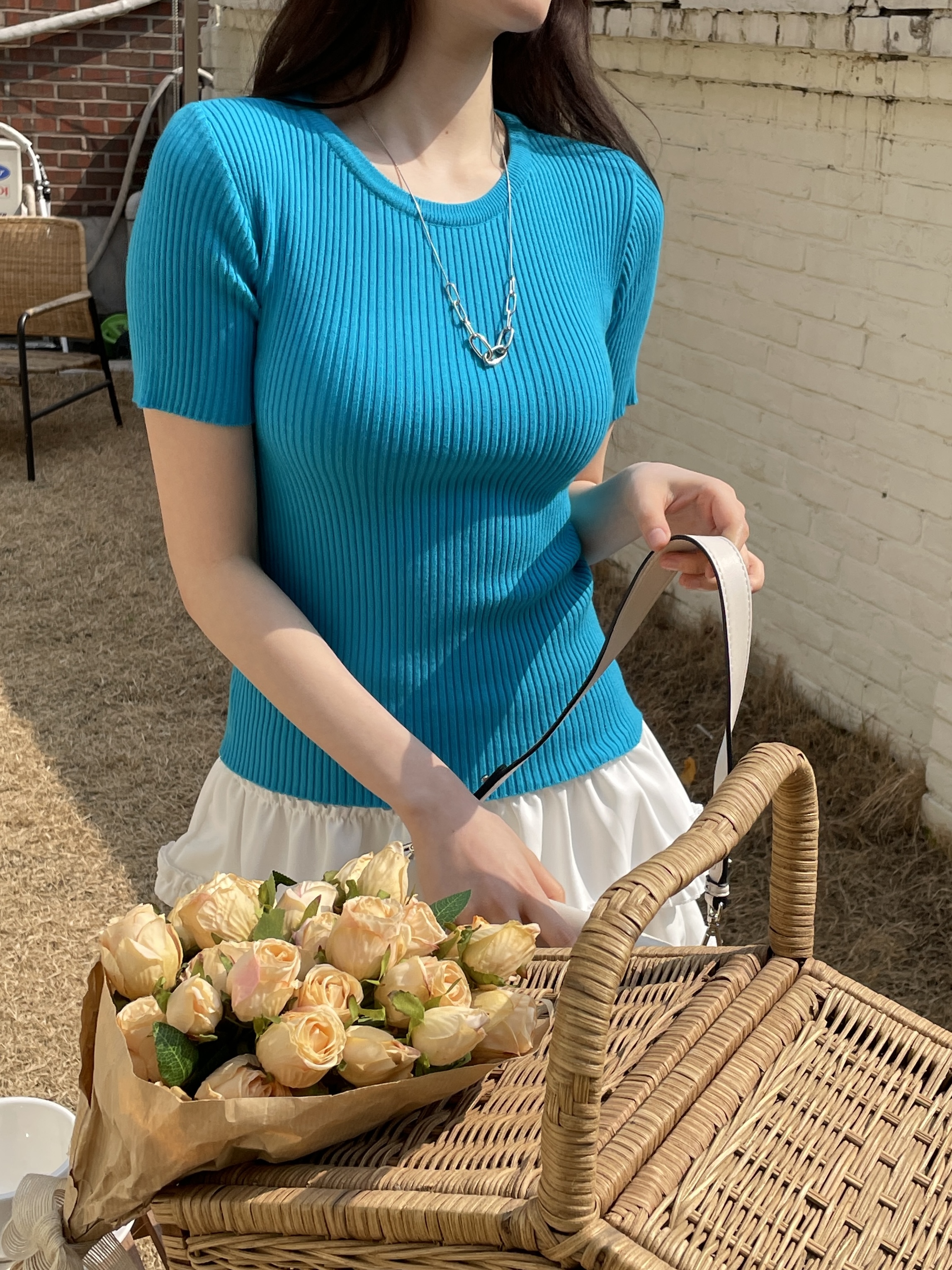 リブラウンドネックスリム半袖無地Tシャツ | 詳細画像3