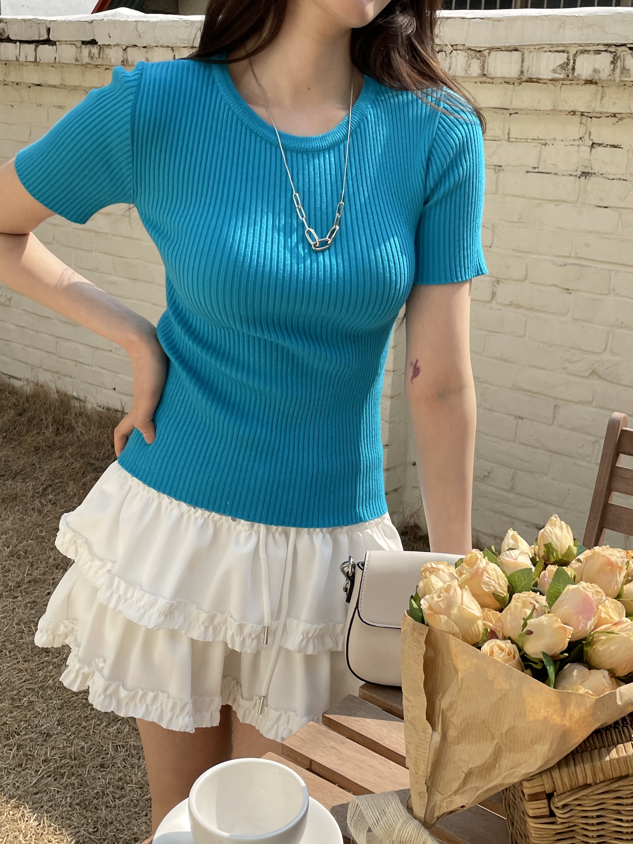 リブラウンドネックスリム半袖無地Tシャツ | 詳細画像7