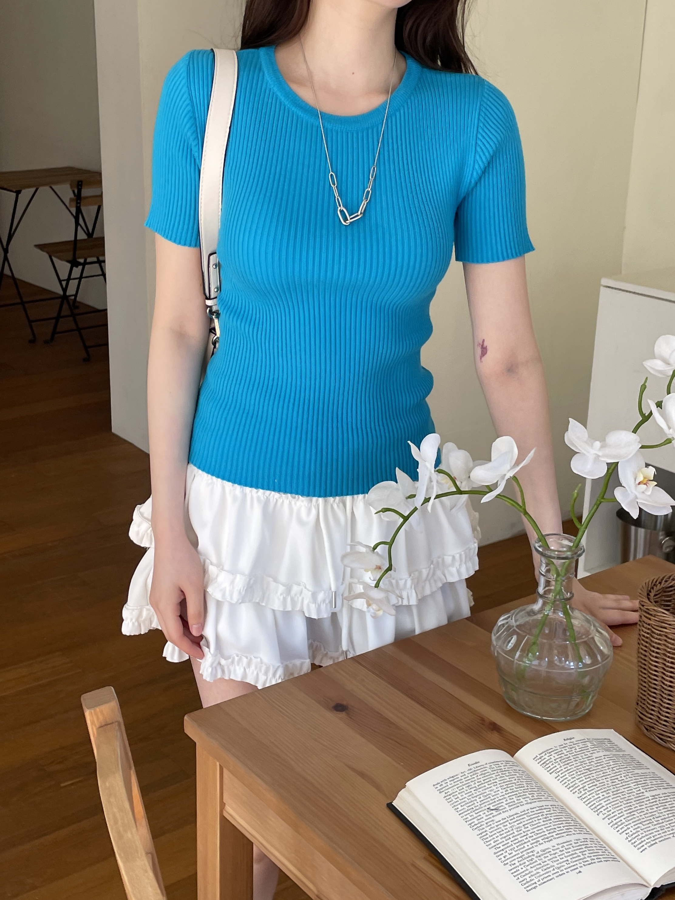 リブラウンドネックスリム半袖無地Tシャツ | 詳細画像8