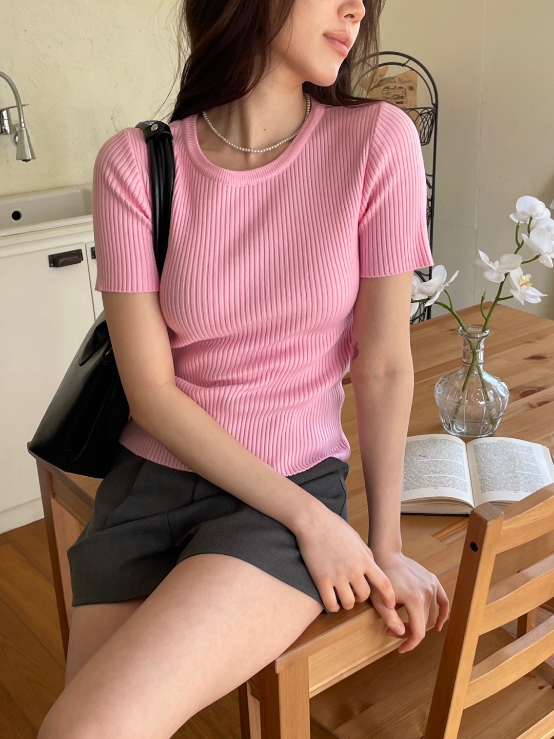 リブラウンドネックスリム半袖無地Tシャツ | 詳細画像10