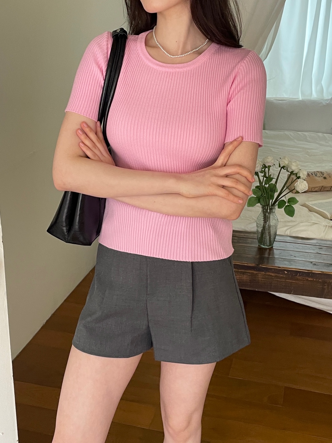 リブラウンドネックスリム半袖無地Tシャツ | 詳細画像11