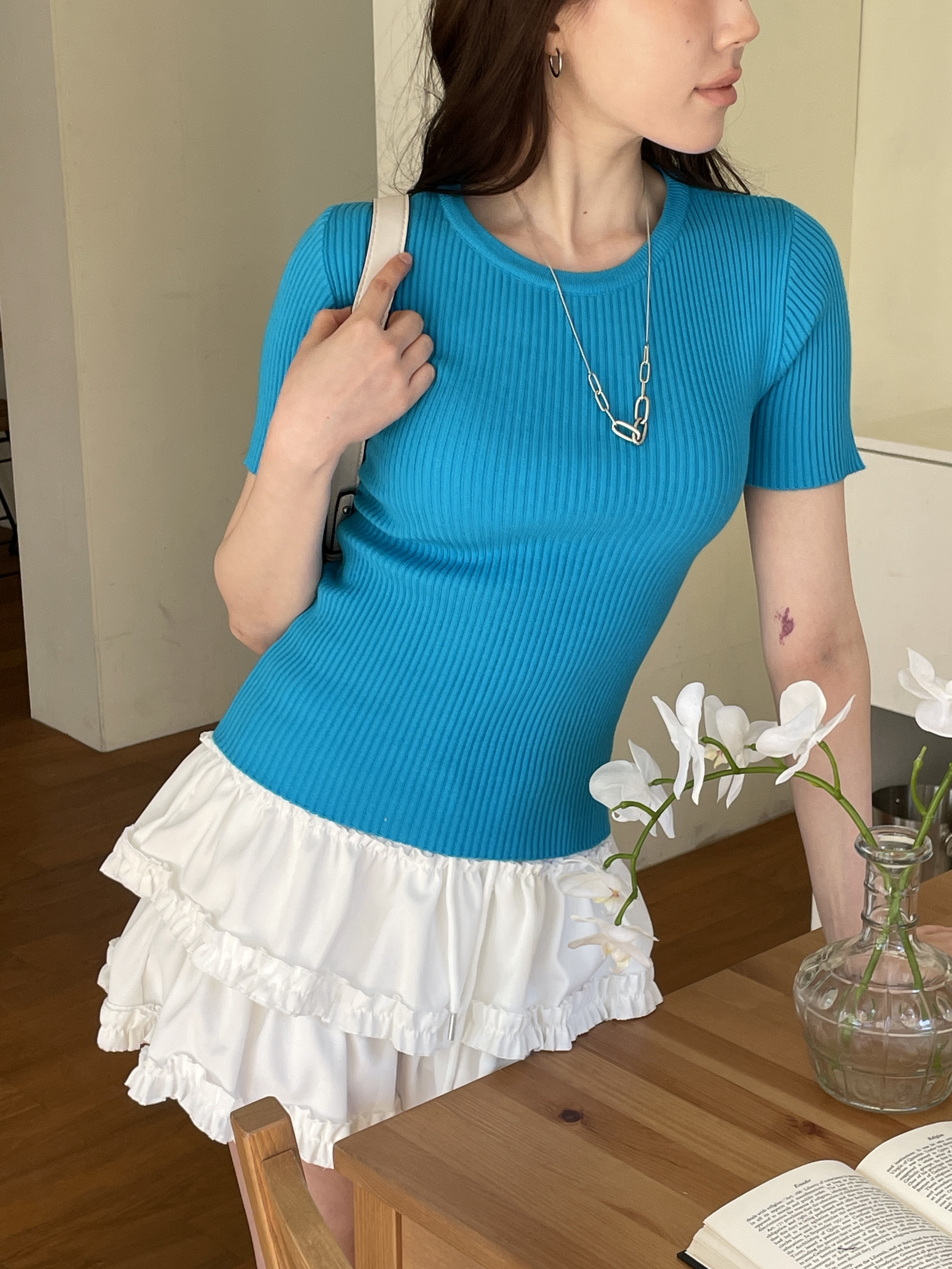 リブラウンドネックスリム半袖無地Tシャツ | 詳細画像9