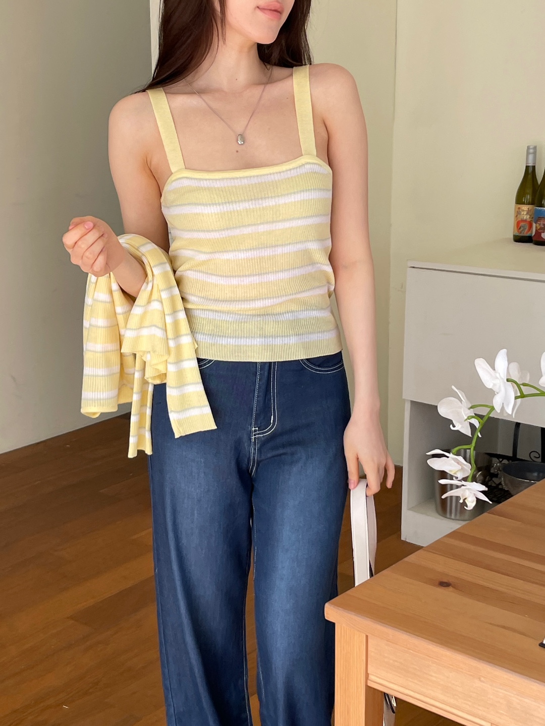 アクリルスクエアネックスリムセミクロップドボーダービスチェ | 詳細画像2