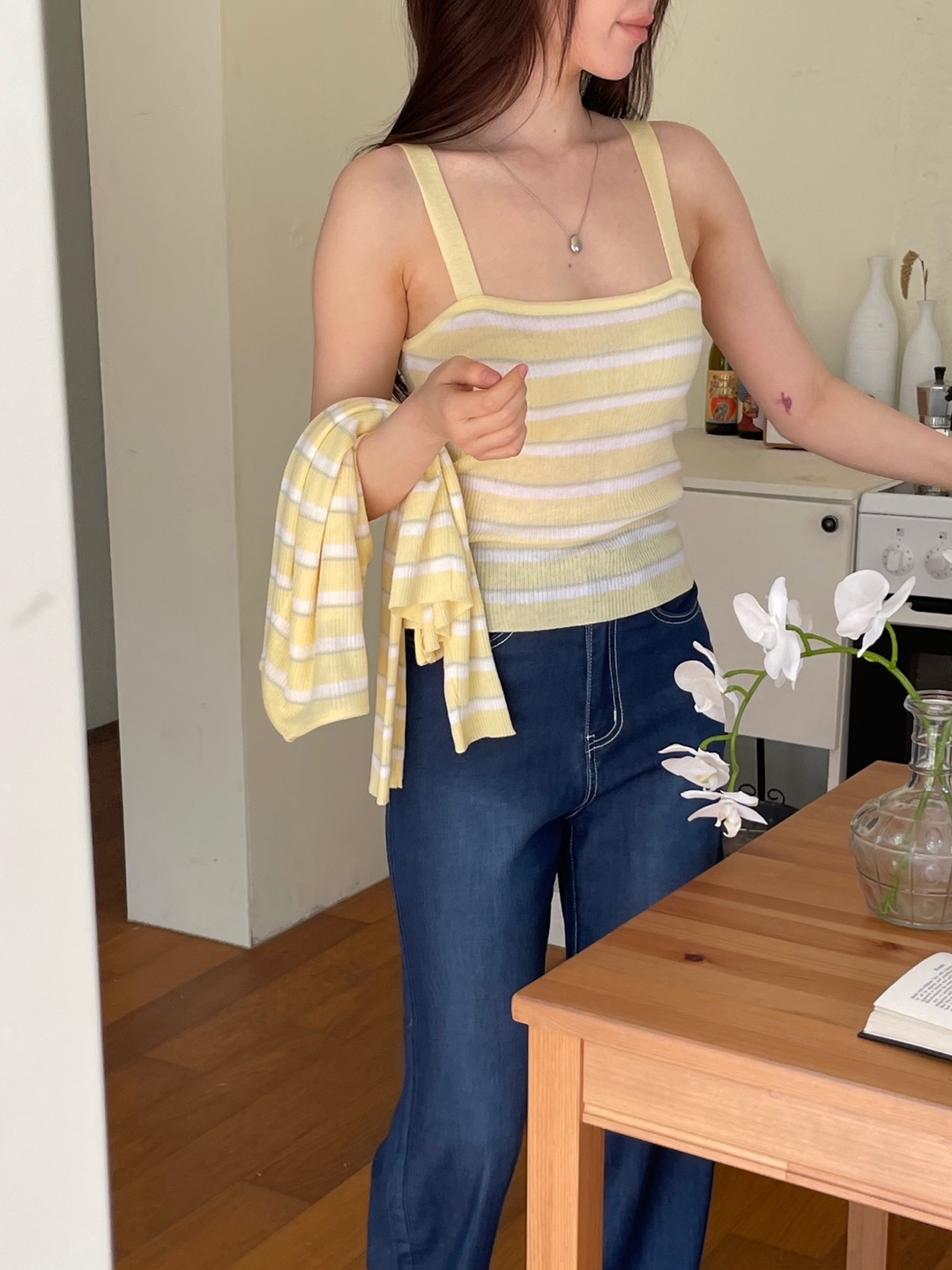 アクリルスクエアネックスリムセミクロップドボーダービスチェ | 詳細画像3