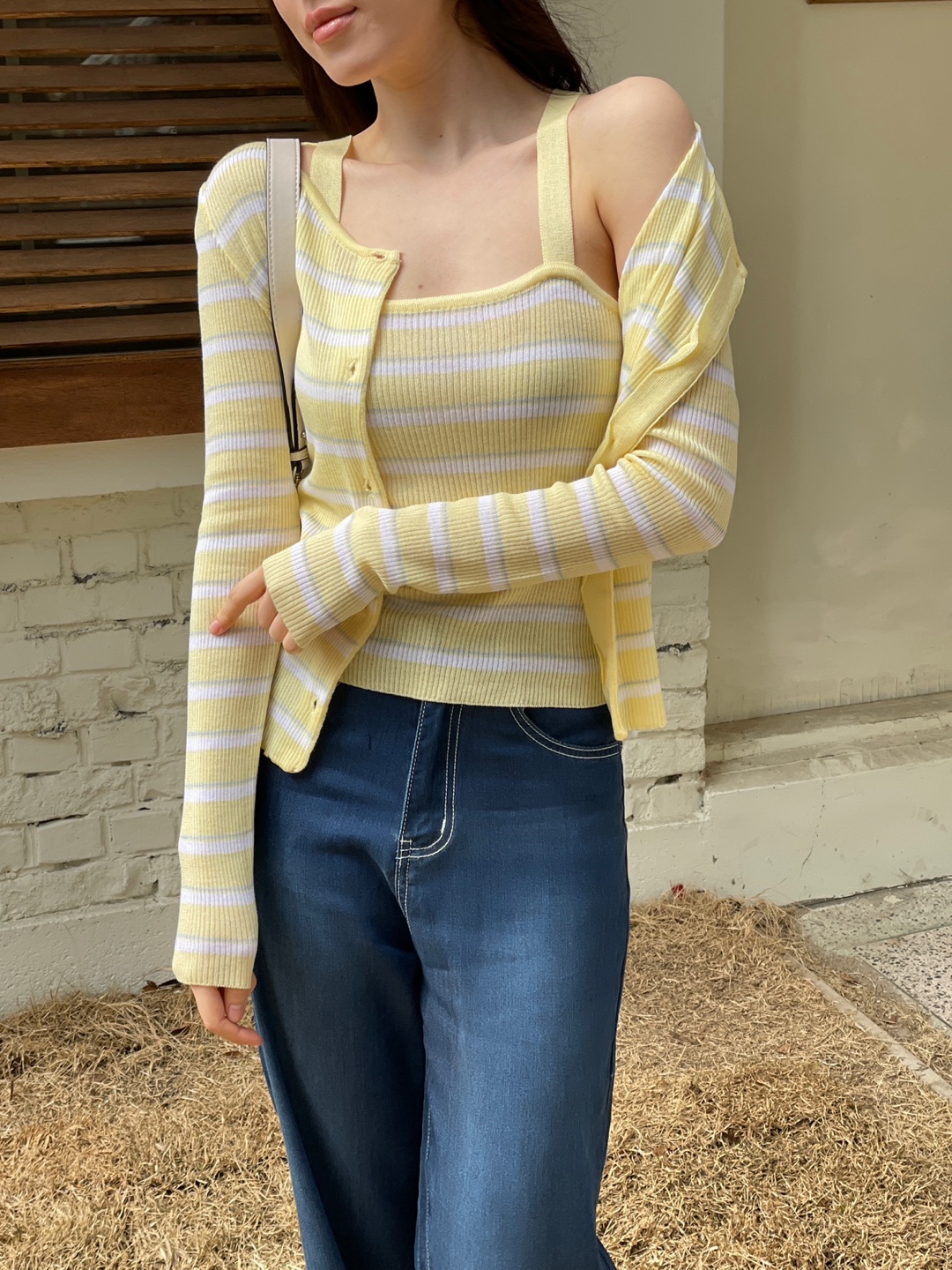 アクリルボタンラウンドネックスリム長袖ボーダーカーディガンノースリーブアンサンブル | 詳細画像3