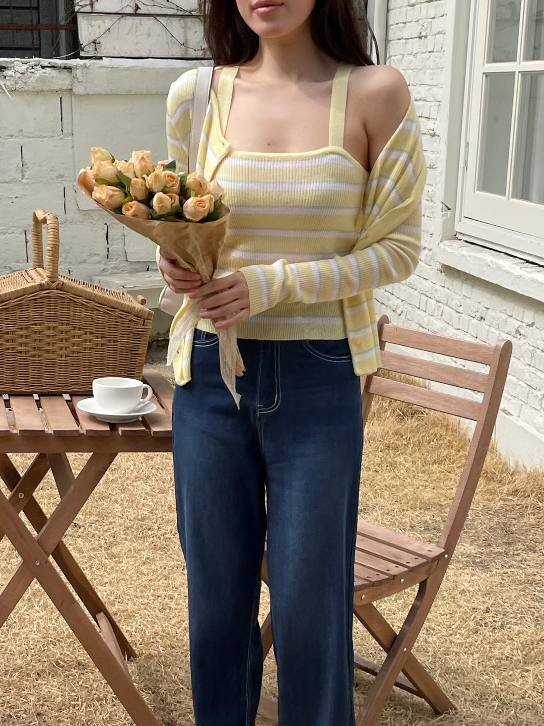 アクリルボタンラウンドネックスリム長袖ボーダーカーディガンノースリーブアンサンブル | 詳細画像4