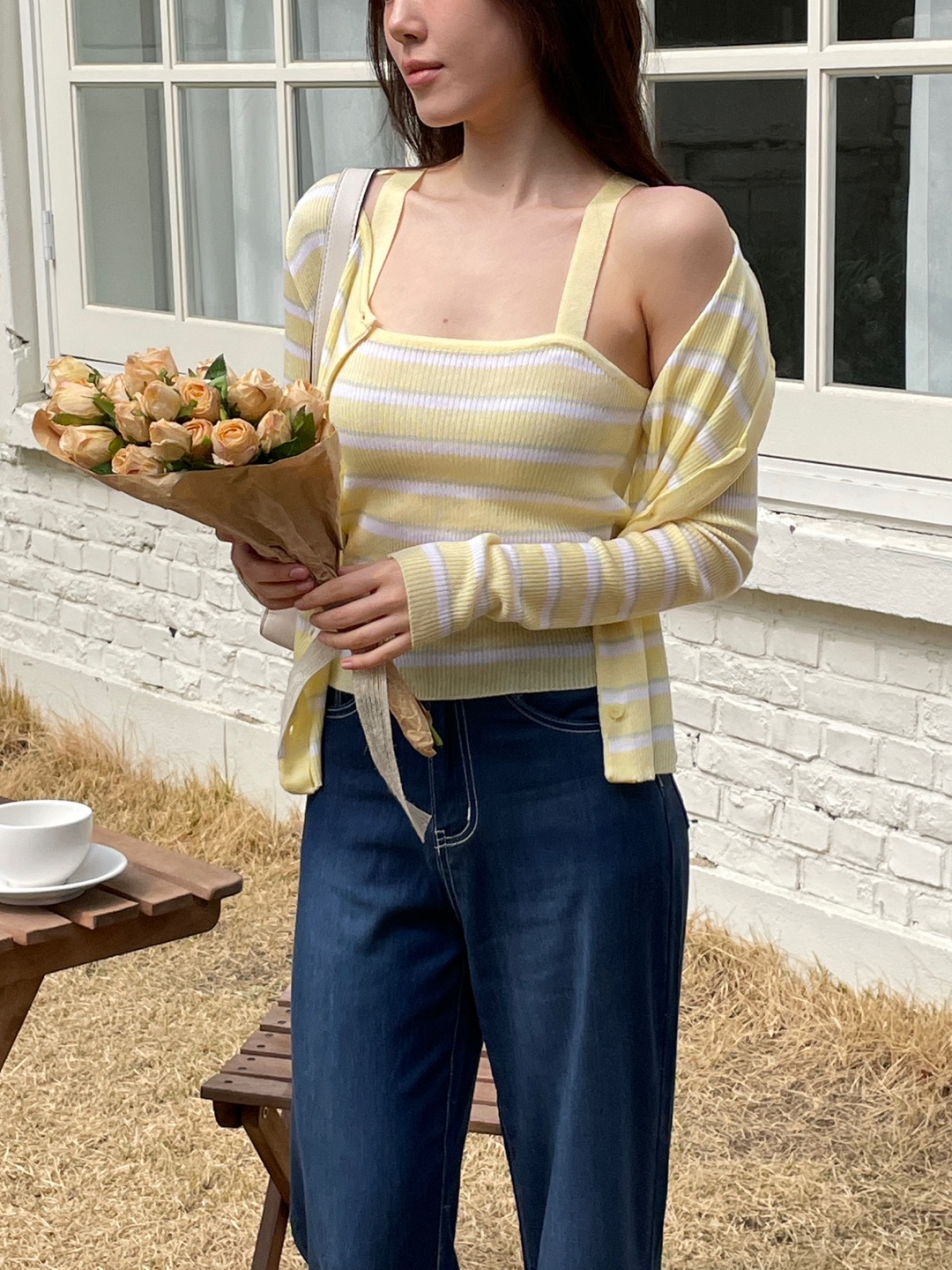 アクリルボタンラウンドネックスリム長袖ボーダーカーディガンノースリーブアンサンブル | 詳細画像5