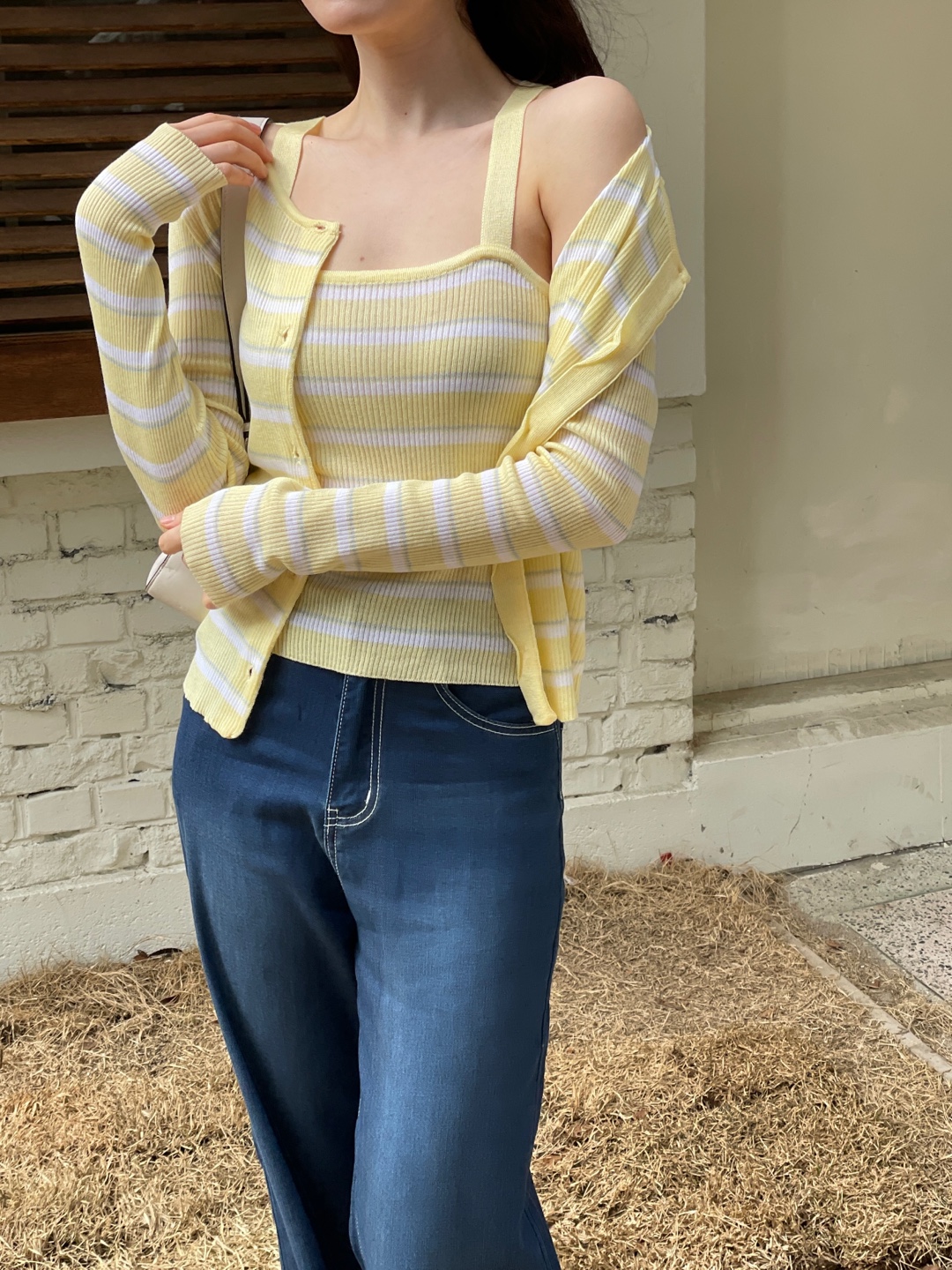 アクリルボタンラウンドネックスリム長袖ボーダーカーディガンノースリーブアンサンブル | 詳細画像6