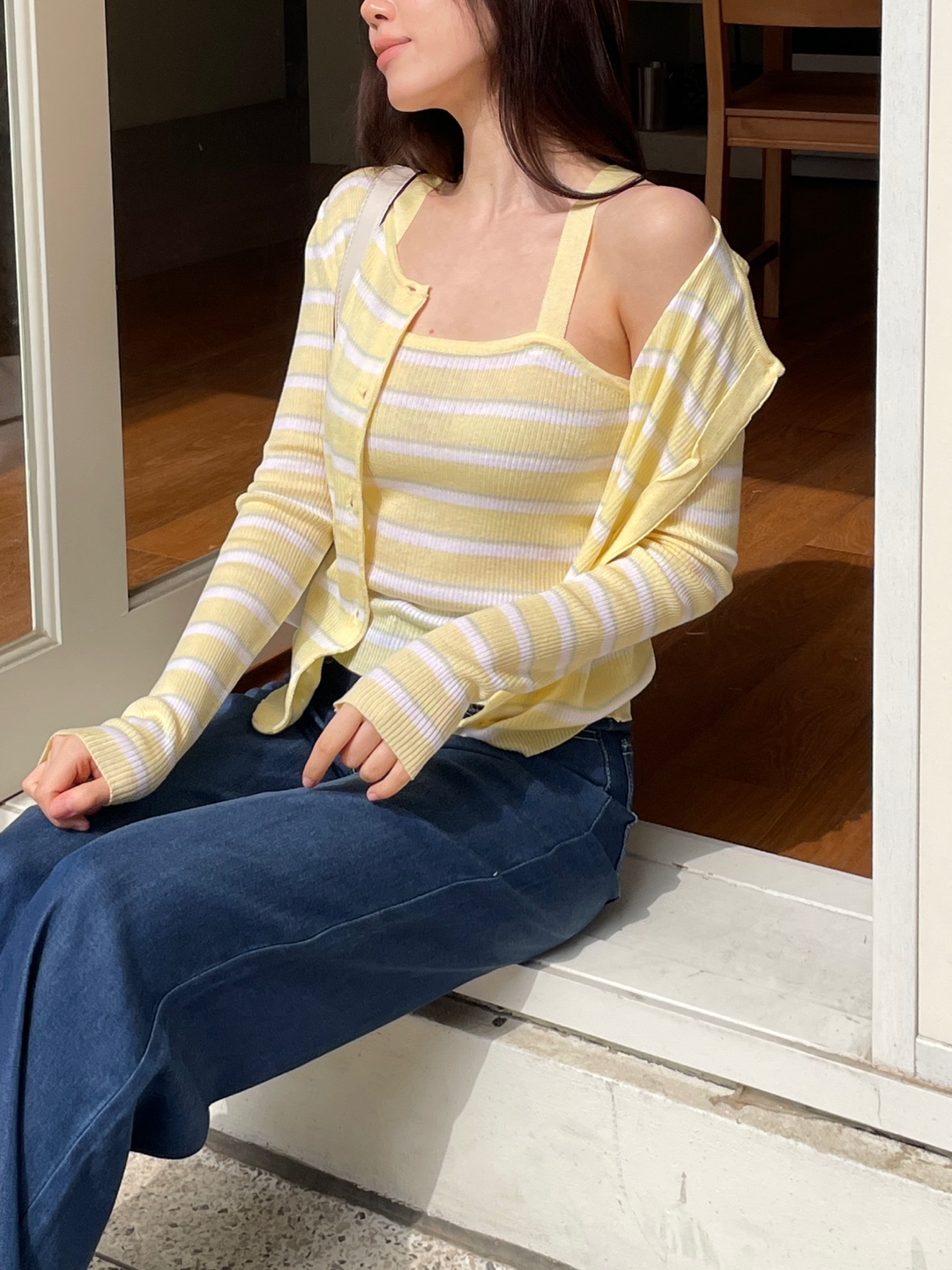 アクリルボタンラウンドネックスリム長袖ボーダーカーディガンノースリーブアンサンブル | 詳細画像7