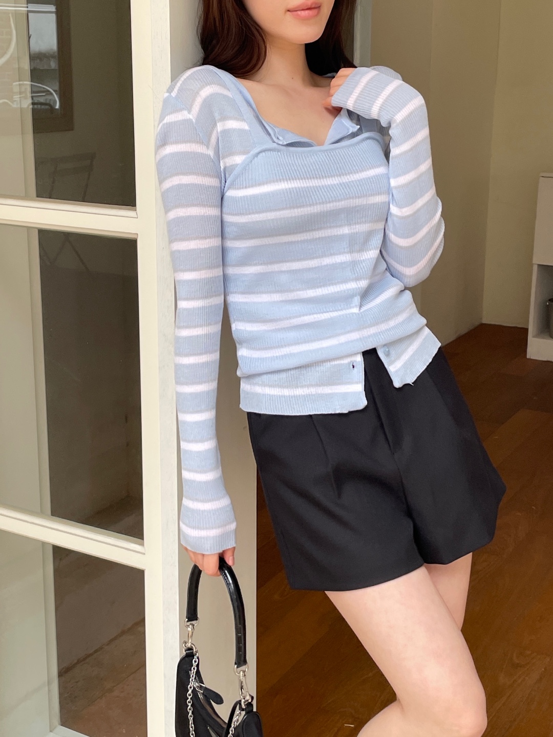 アクリルボタンラウンドネックスリム長袖ボーダーカーディガンノースリーブアンサンブル | 詳細画像10