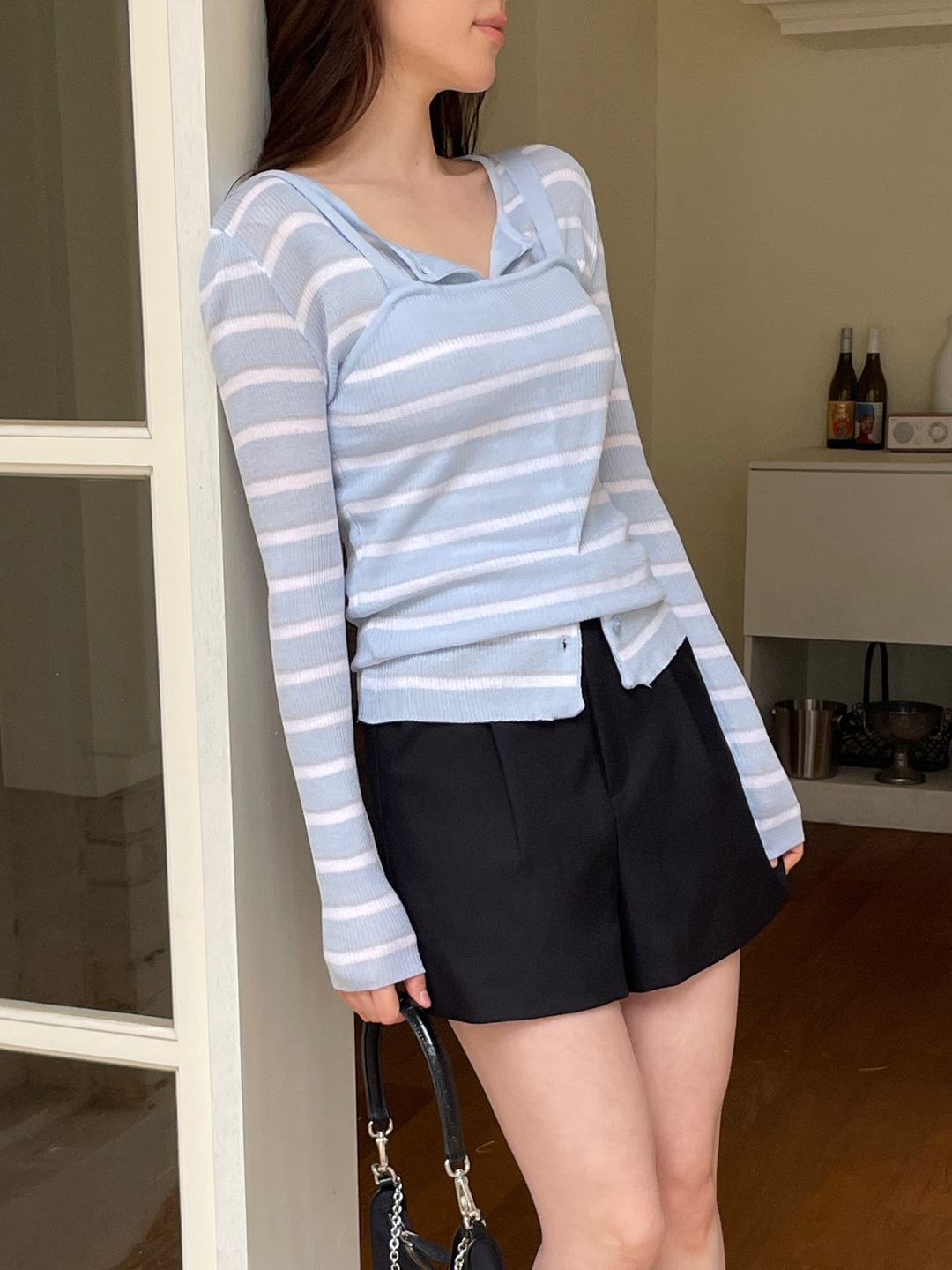 アクリルボタンラウンドネックスリム長袖ボーダーカーディガンノースリーブアンサンブル | 詳細画像11