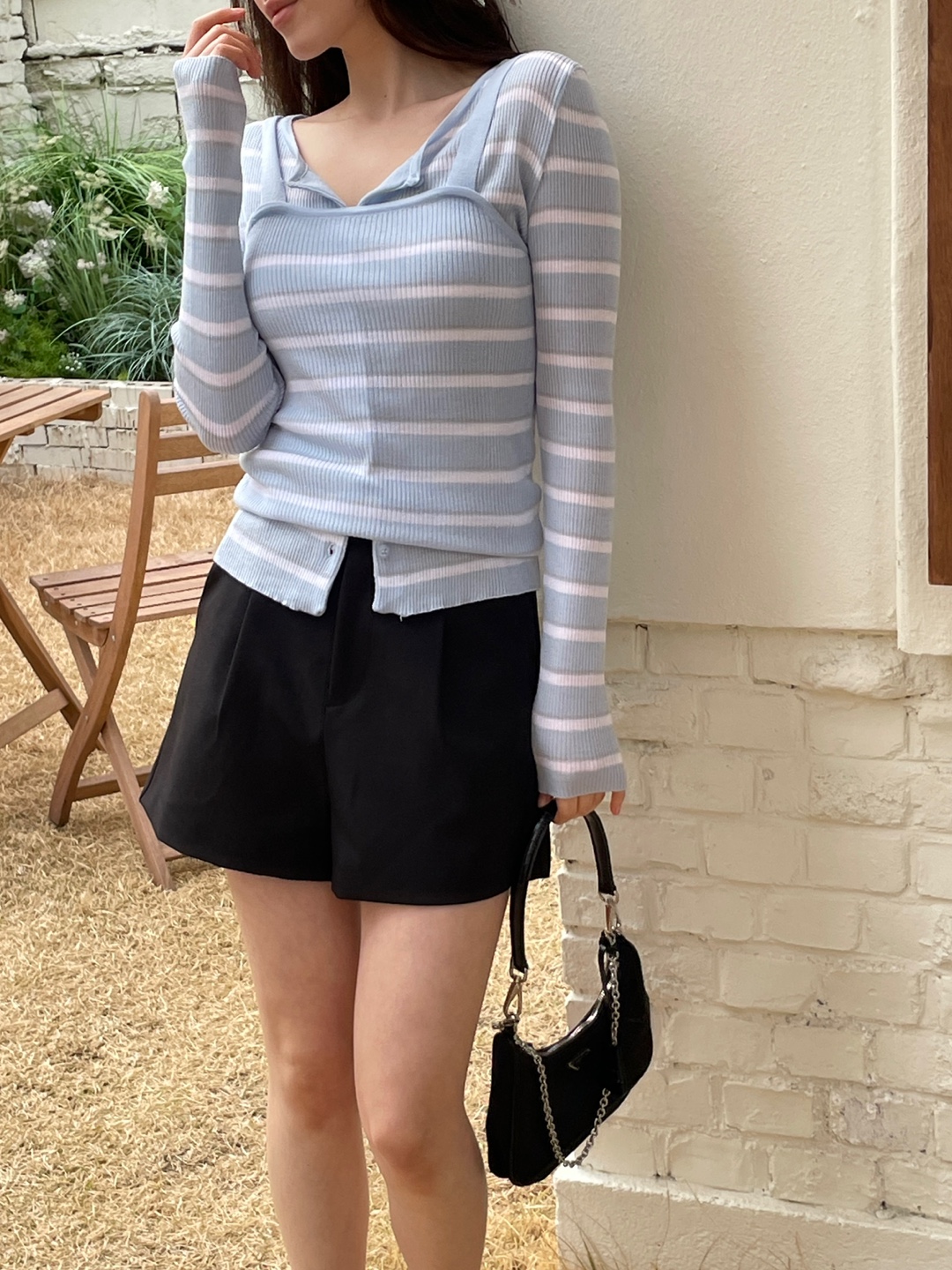 アクリルボタンラウンドネックスリム長袖ボーダーカーディガンノースリーブアンサンブル | 詳細画像12