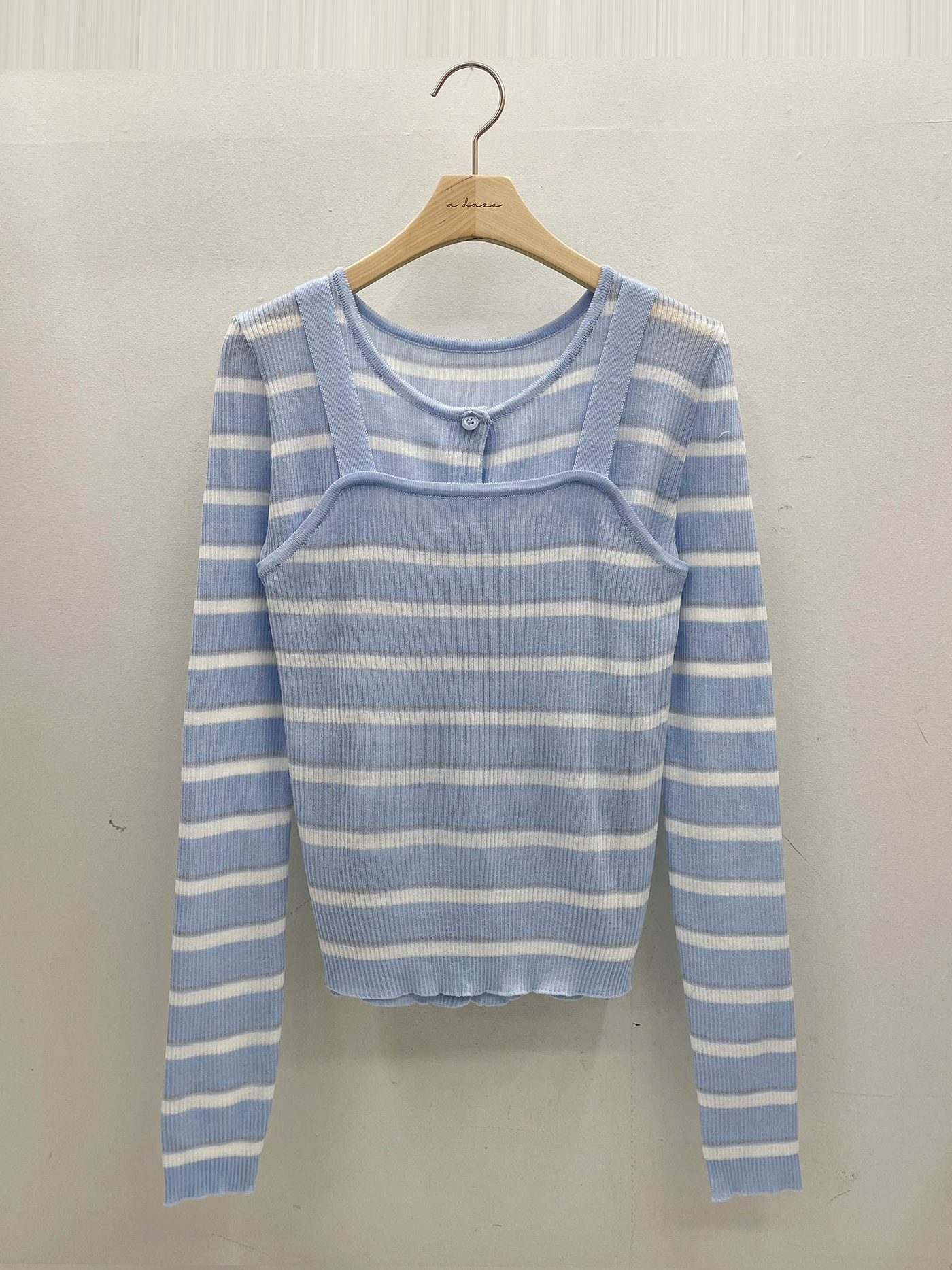 アクリルボタンラウンドネックスリム長袖ボーダーカーディガンノースリーブアンサンブル | 詳細画像14