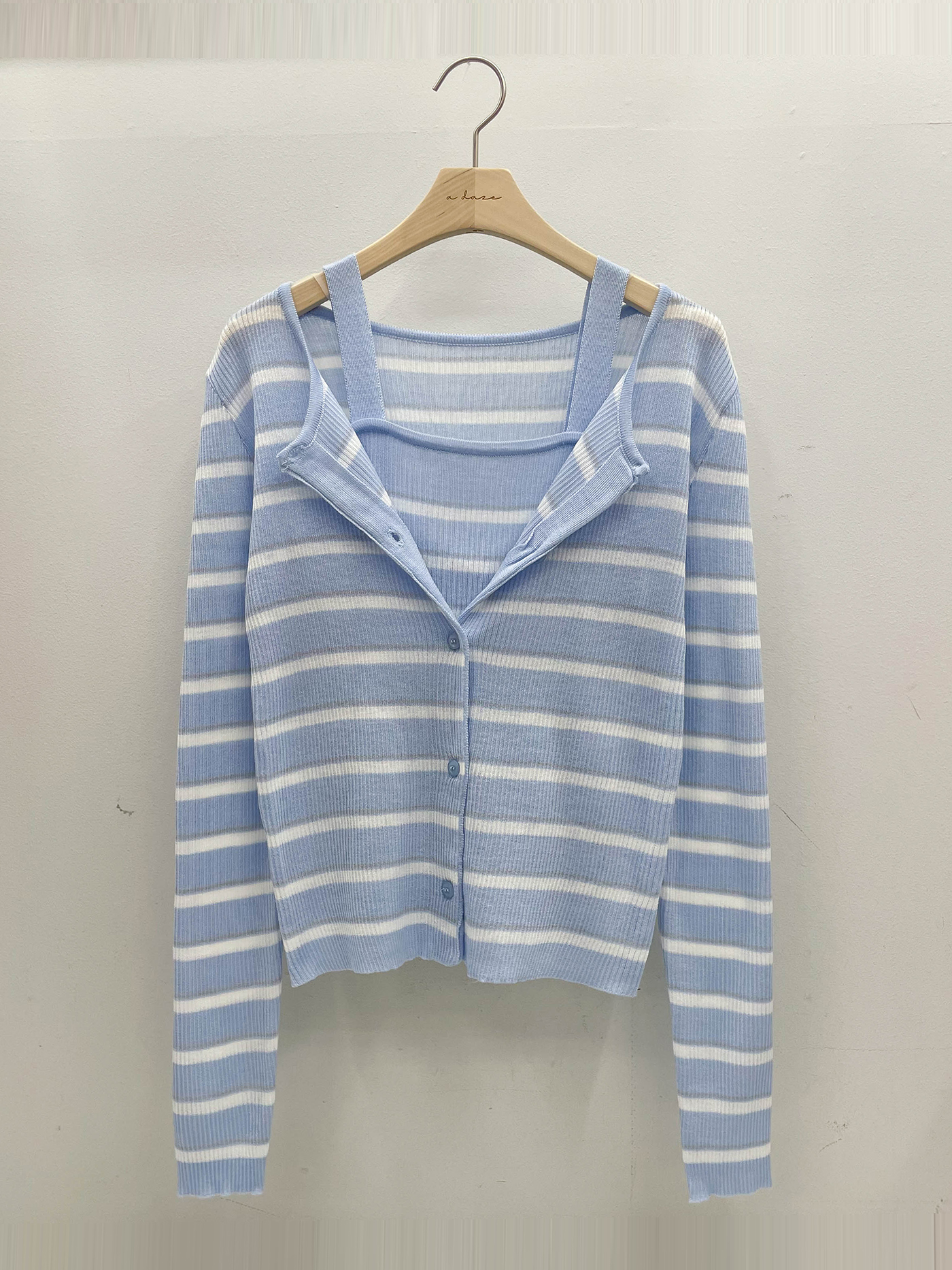 アクリルボタンラウンドネックスリム長袖ボーダーカーディガンノースリーブアンサンブル | 詳細画像15