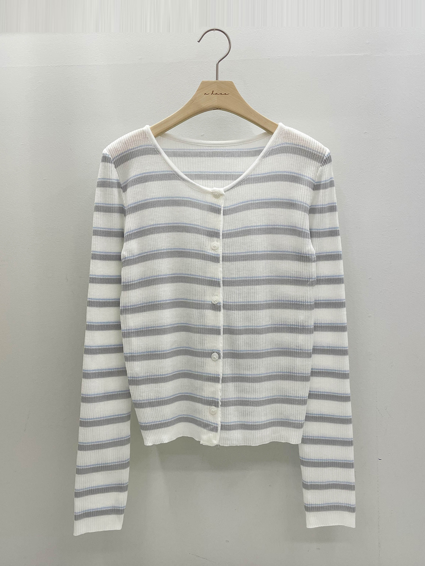 アクリルボタンラウンドネックスリム長袖ボーダーカーディガンノースリーブアンサンブル | 詳細画像16