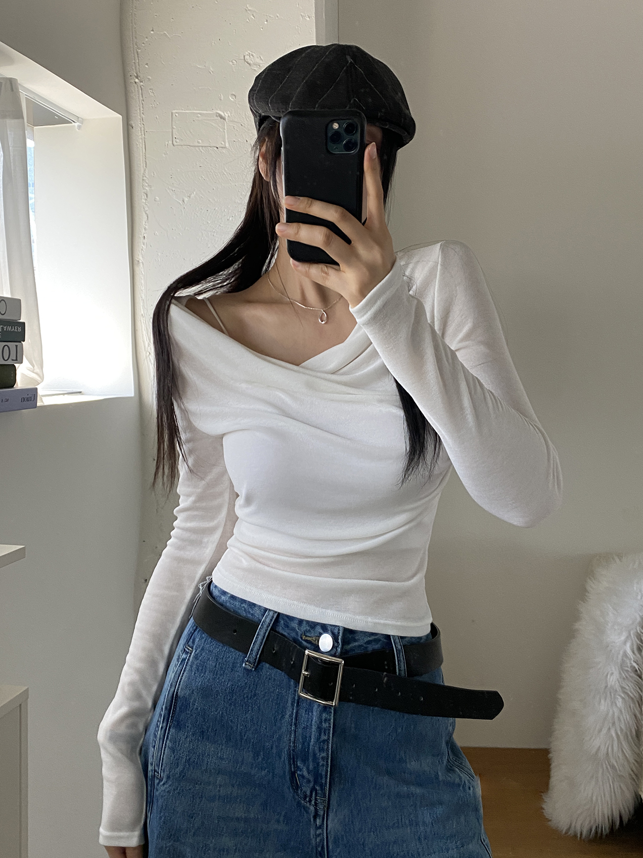 ドレープオフショルダースリム無地Tシャツ | 詳細画像2