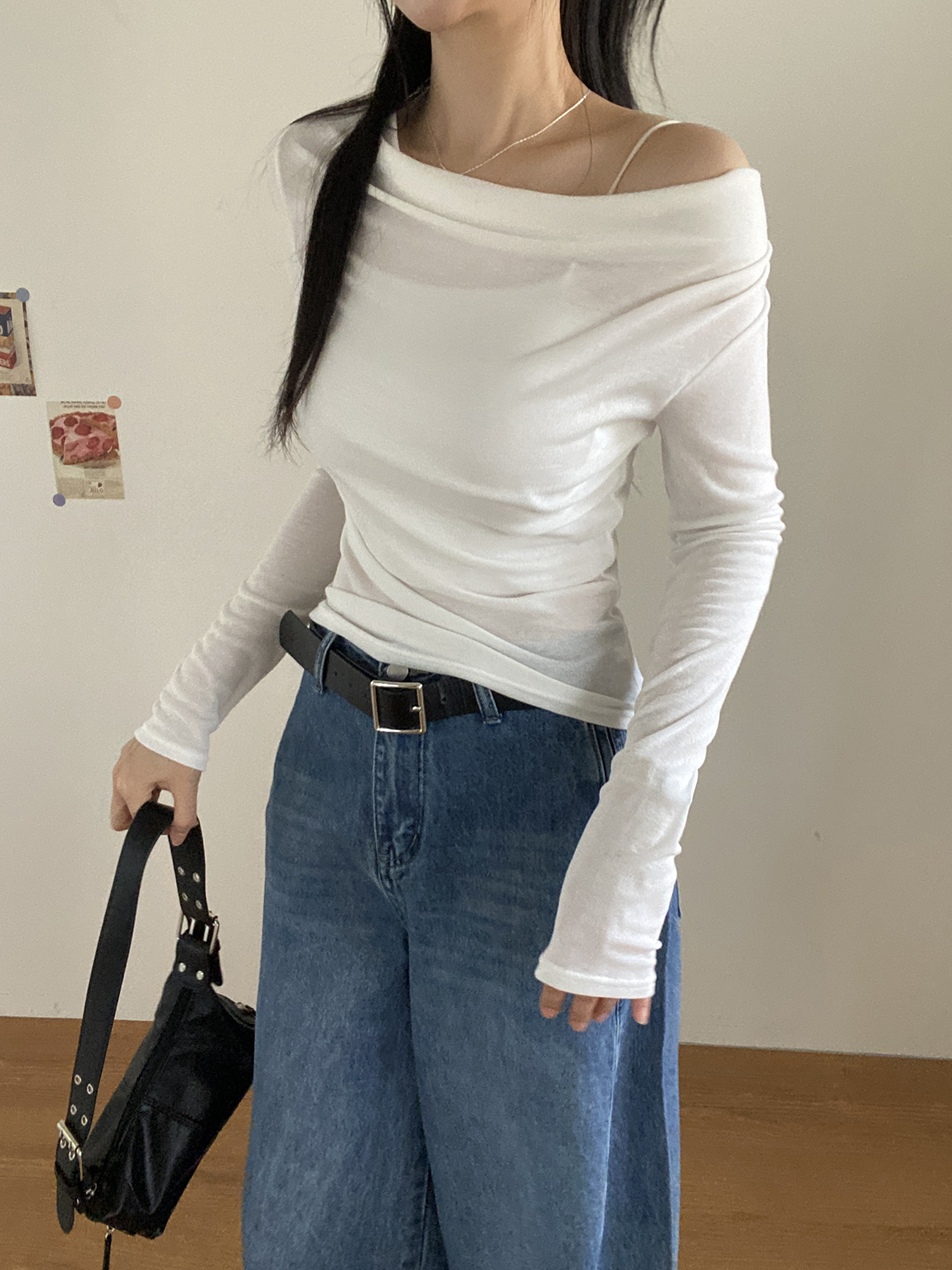 ドレープオフショルダースリム無地Tシャツ | 詳細画像3