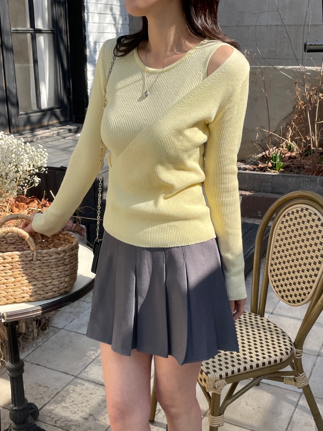 リブラウンドネックワンショルダースリムレイヤード風カシュクールアンバランス長袖無地ニット | 詳細画像12