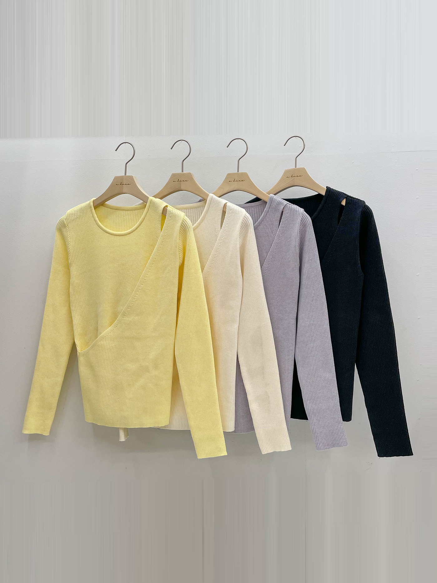 リブラウンドネックワンショルダースリムレイヤード風カシュクールアンバランス長袖無地ニット | 詳細画像17