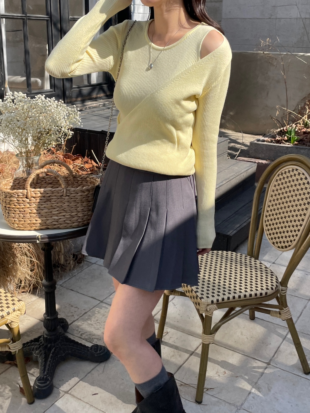 リブラウンドネックワンショルダースリムレイヤード風カシュクールアンバランス長袖無地ニット | 詳細画像11