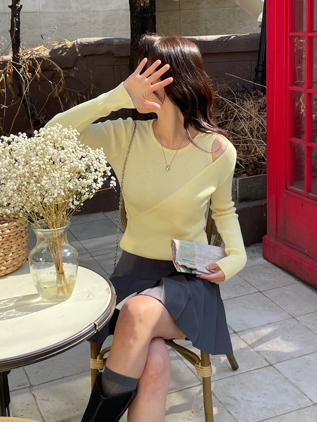 リブラウンドネックワンショルダースリムレイヤード風カシュクールアンバランス長袖無地ニット | 詳細画像8