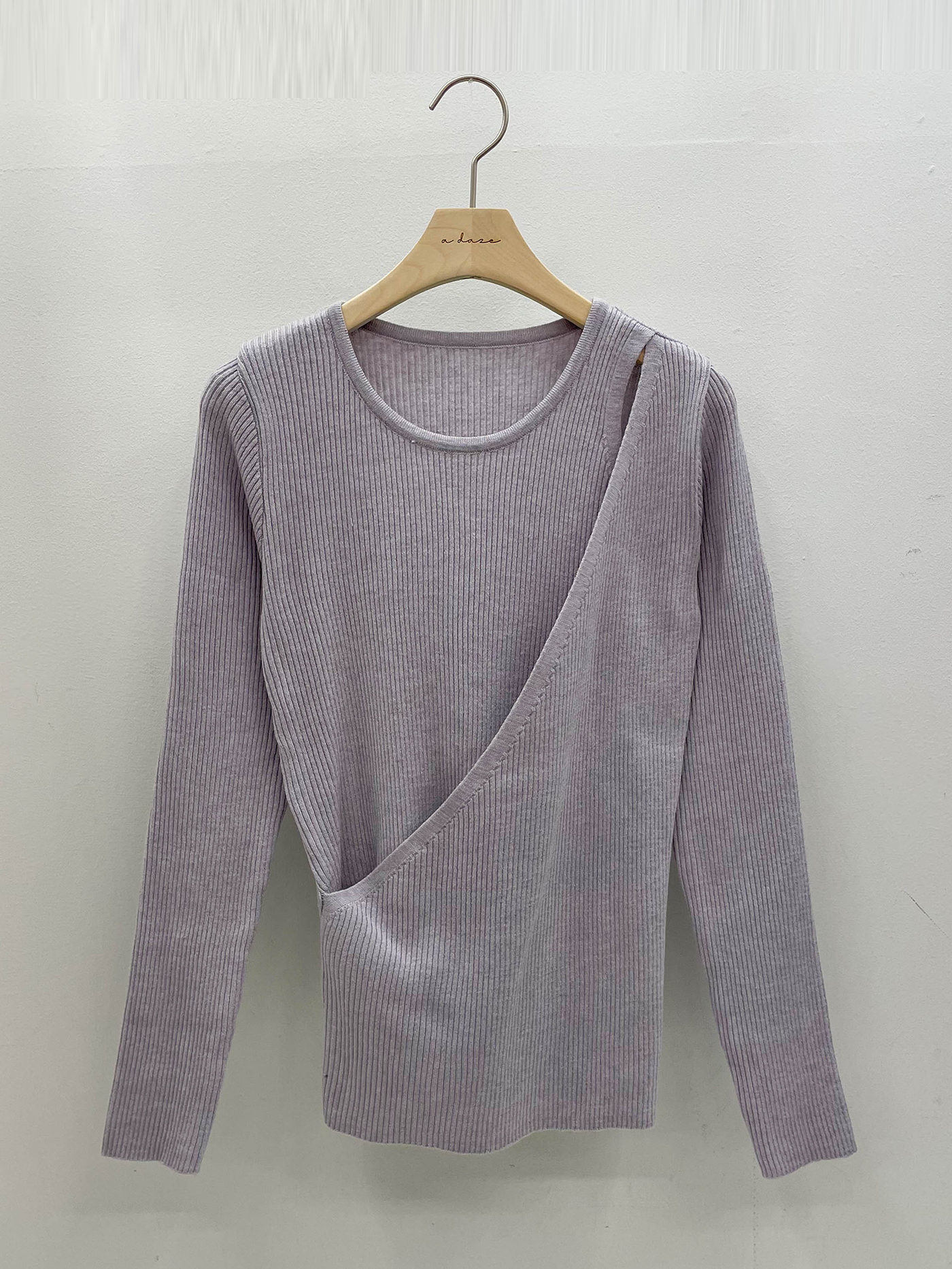 リブラウンドネックワンショルダースリムレイヤード風カシュクールアンバランス長袖無地ニット | 詳細画像15