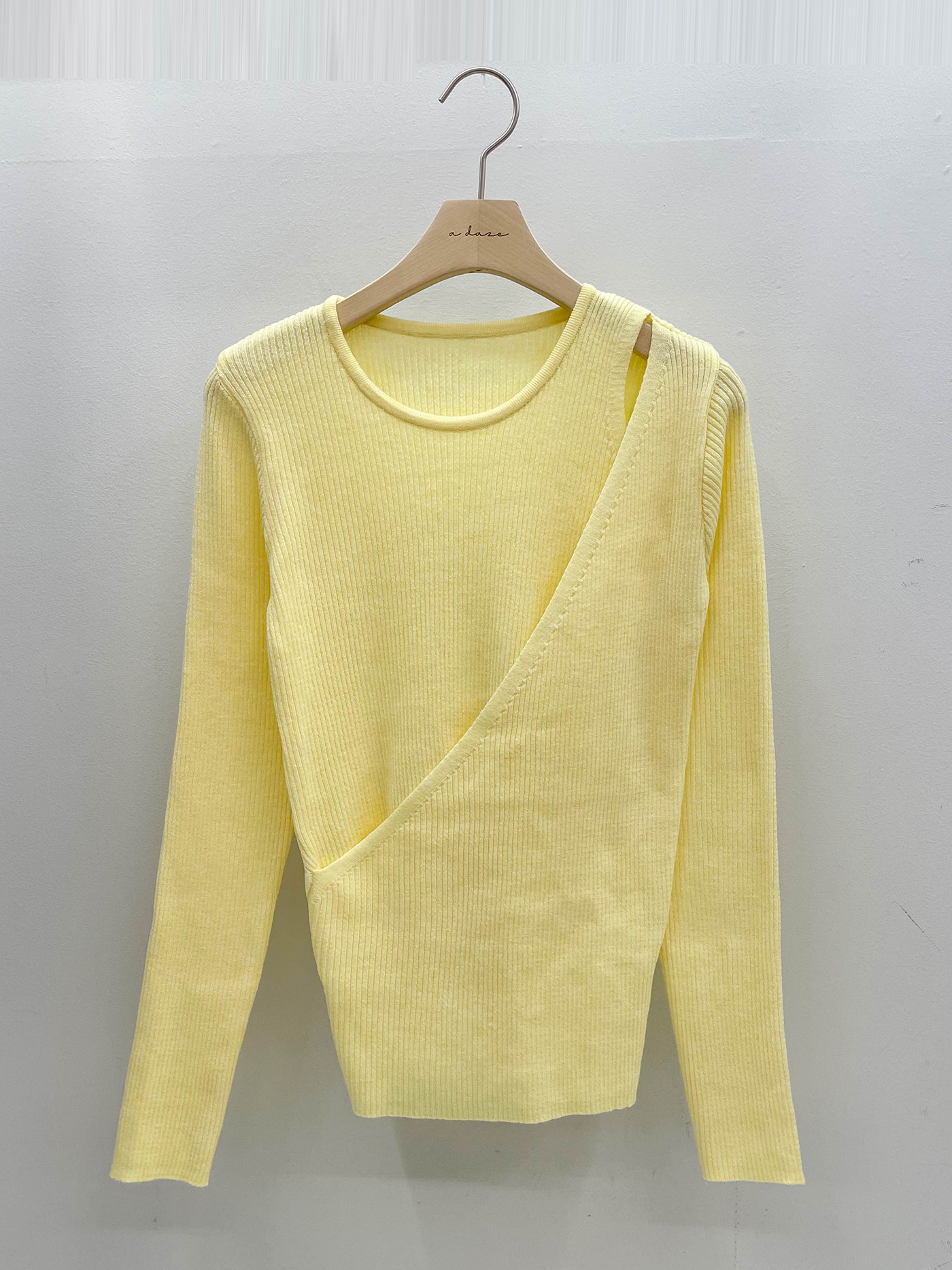 リブラウンドネックワンショルダースリムレイヤード風カシュクールアンバランス長袖無地ニット | 詳細画像13