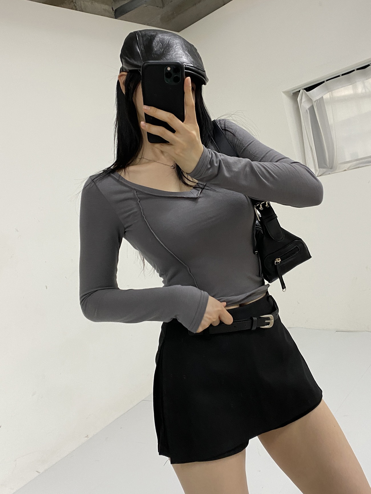 ラインクロップドスリム長袖リブ無地Tシャツ | 詳細画像5