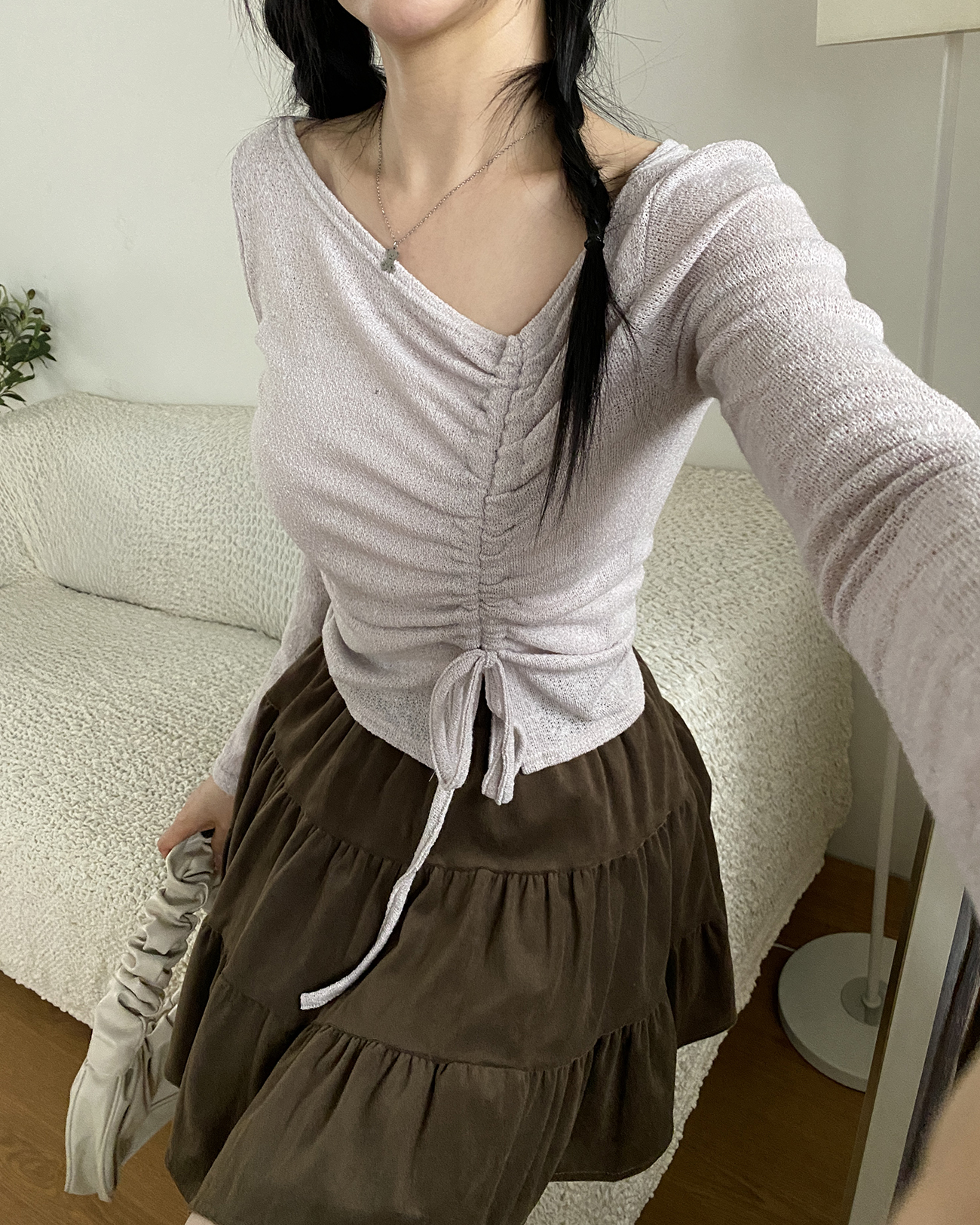 アンバランスネックシャーリングドローストリングクロップドスリムアンバランス長袖無地Tシャツ | 詳細画像4