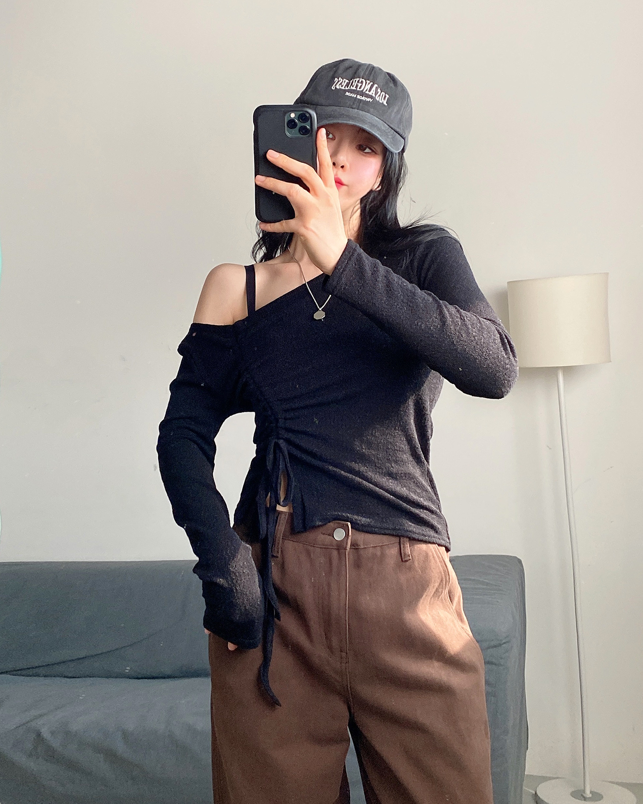 アンバランスネックシャーリングドローストリングクロップドスリムアンバランス長袖無地Tシャツ | 詳細画像6