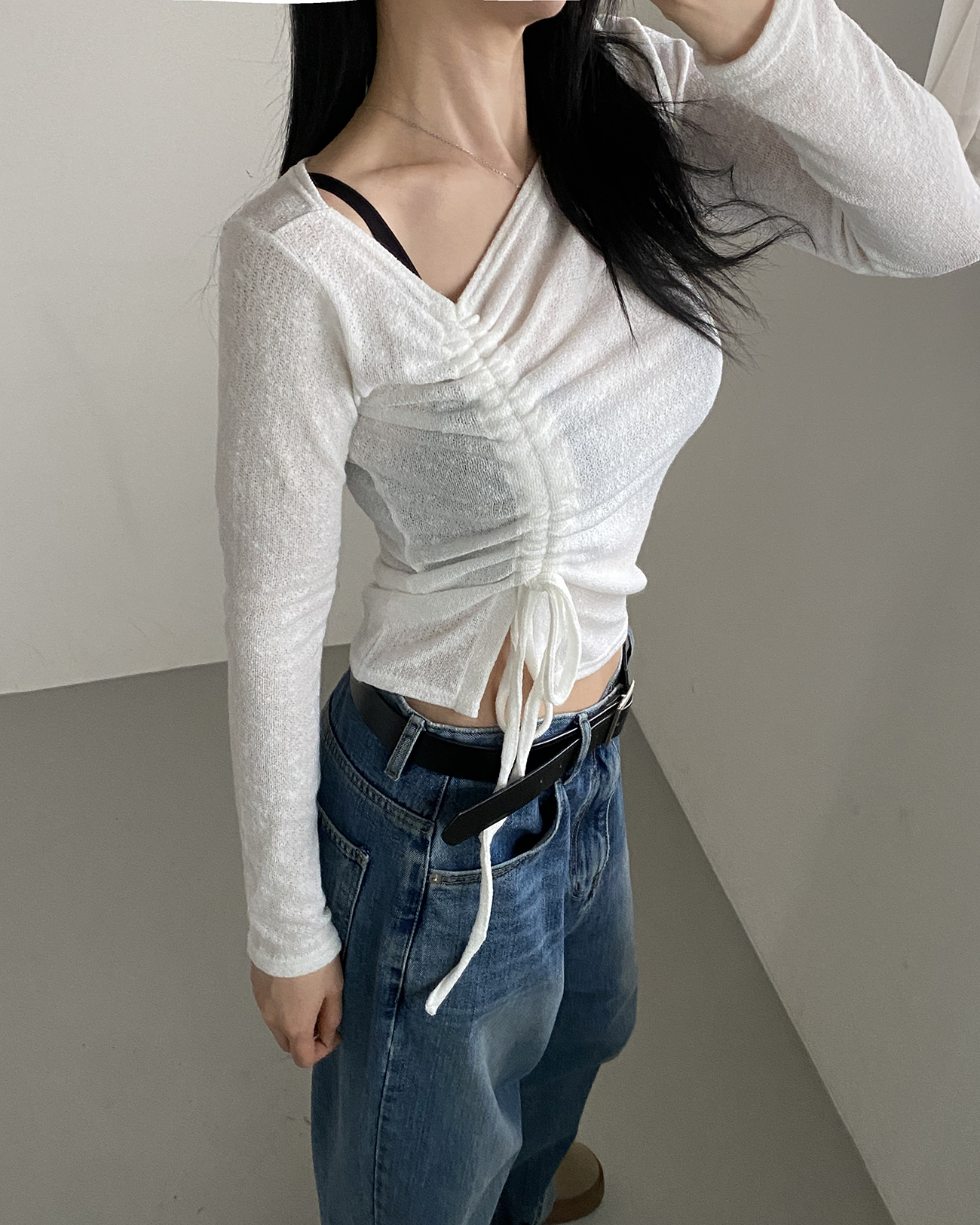 アンバランスネックシャーリングドローストリングクロップドスリムアンバランス長袖無地Tシャツ | 詳細画像3