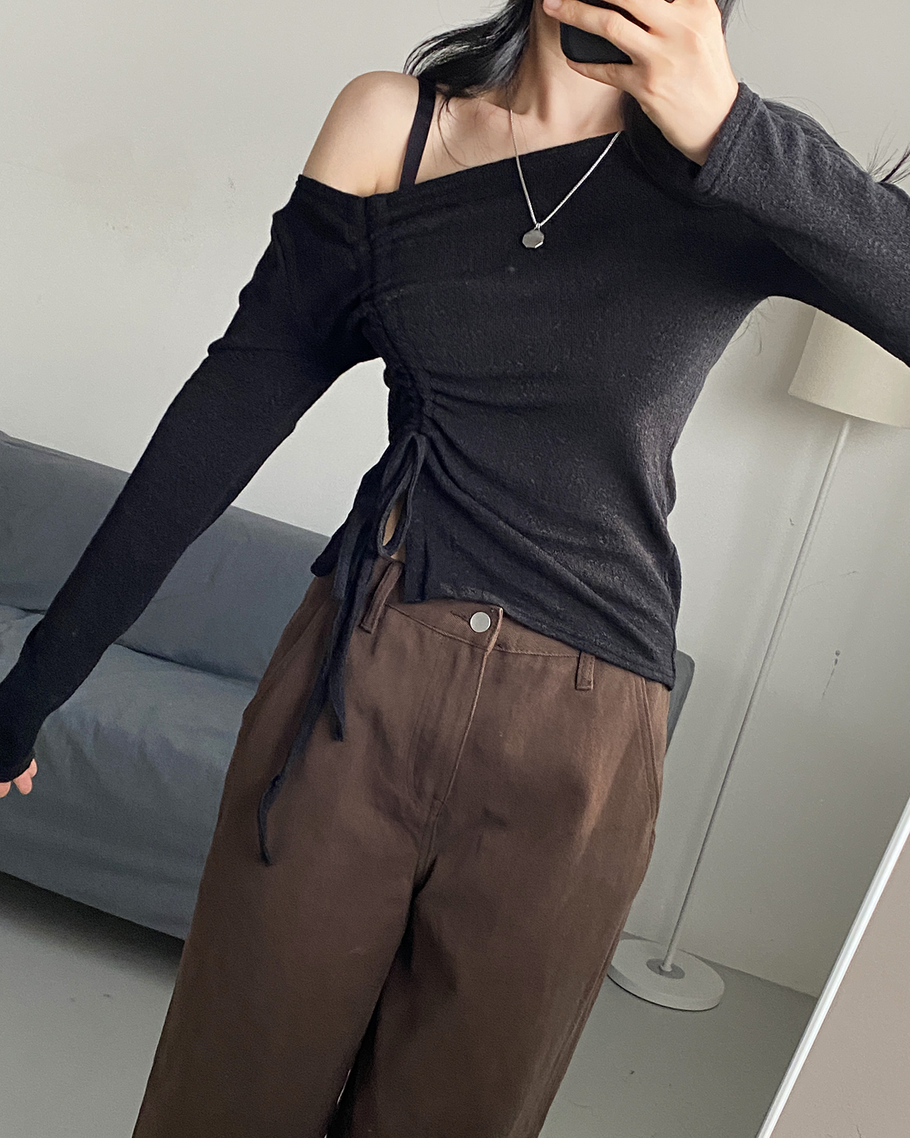 アンバランスネックシャーリングドローストリングクロップドスリムアンバランス長袖無地Tシャツ | 詳細画像7