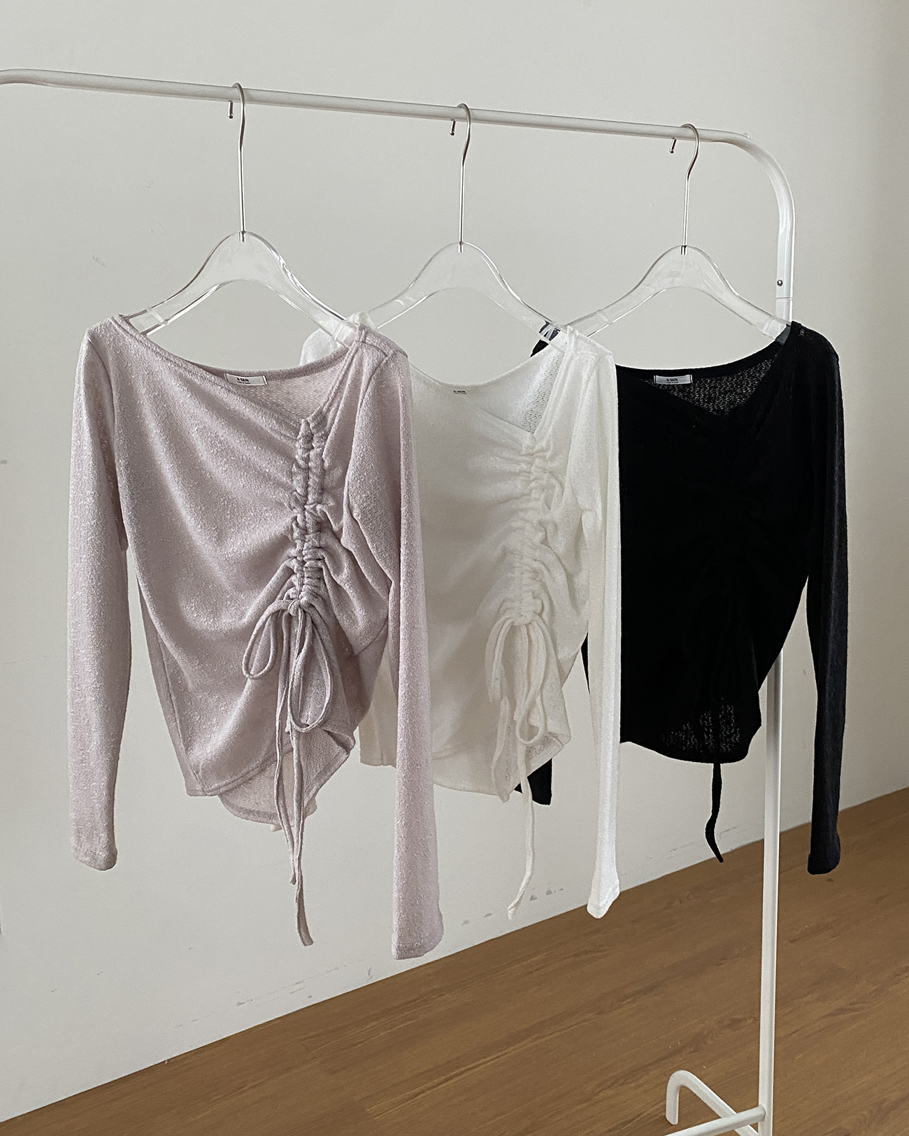 アンバランスネックシャーリングドローストリングクロップドスリムアンバランス長袖無地Tシャツ | 詳細画像8