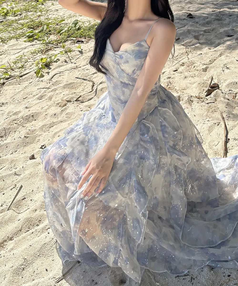 シフォンシャーリングラッフルティアードウエストゴムスリムロングアンバランスフレアAライン花柄キャミワンピース | YUAU | 詳細画像1