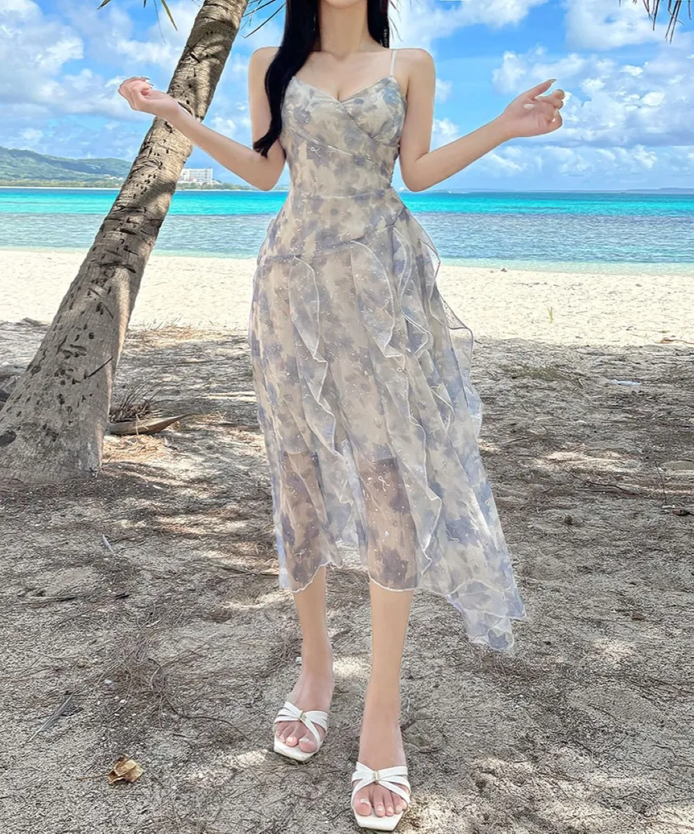 シフォンシャーリングラッフルティアードウエストゴムスリムロングアンバランスフレアAライン花柄キャミワンピース | YUAU | 詳細画像2