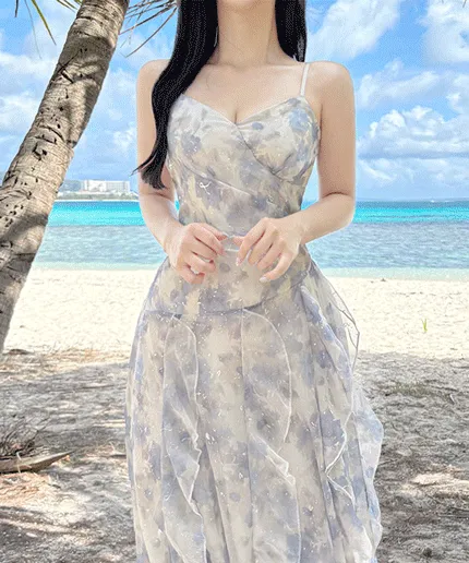 シフォンシャーリングラッフルティアードウエストゴムスリムロングアンバランスフレアAライン花柄キャミワンピース | YUAU | 詳細画像3