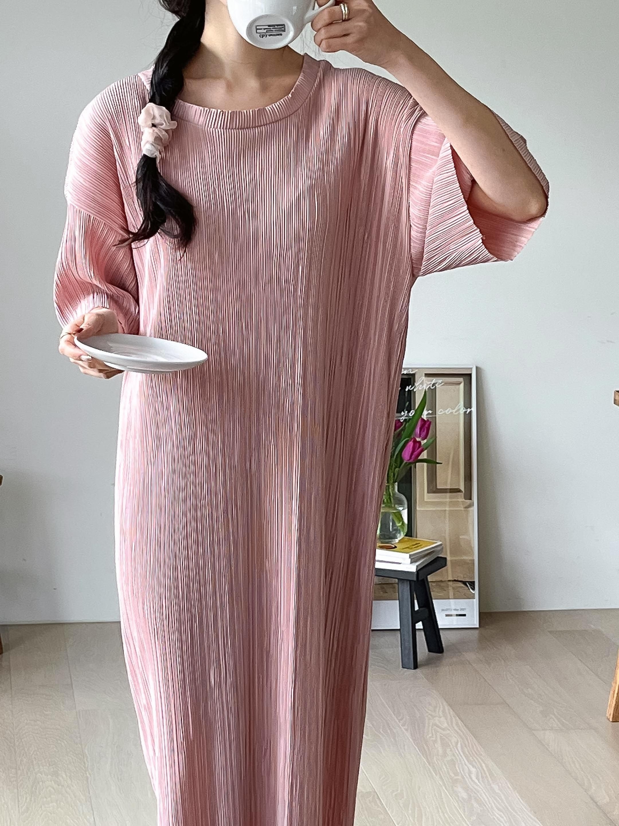 ラウンドネックプリーツスリットロング半袖ワンピース | 詳細画像12