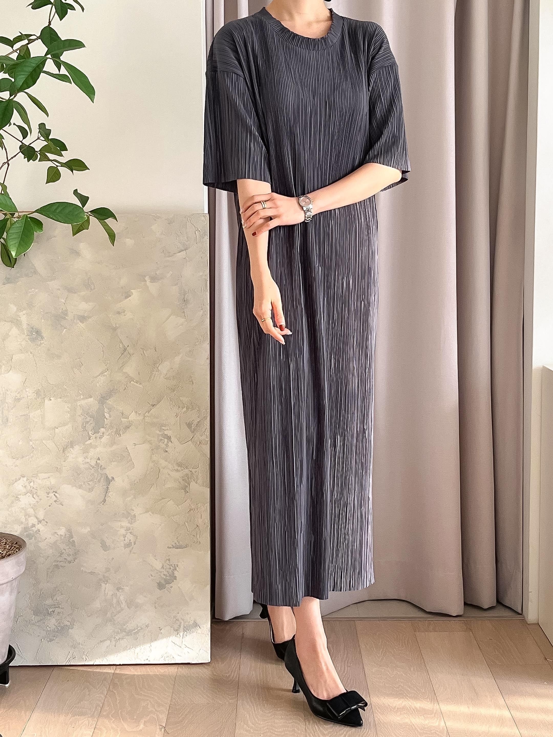 ラウンドネックプリーツスリットロング半袖ワンピース | 詳細画像21