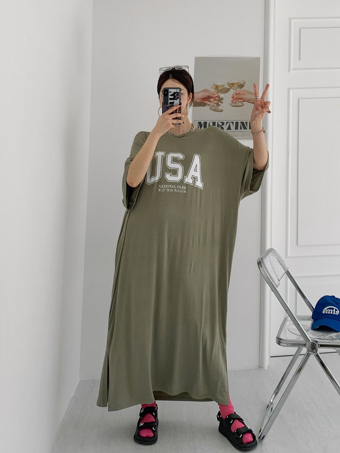 ラウンドネックスリットオーバーサイズマキシロング半袖ビッグプリントワンピース | 詳細画像2