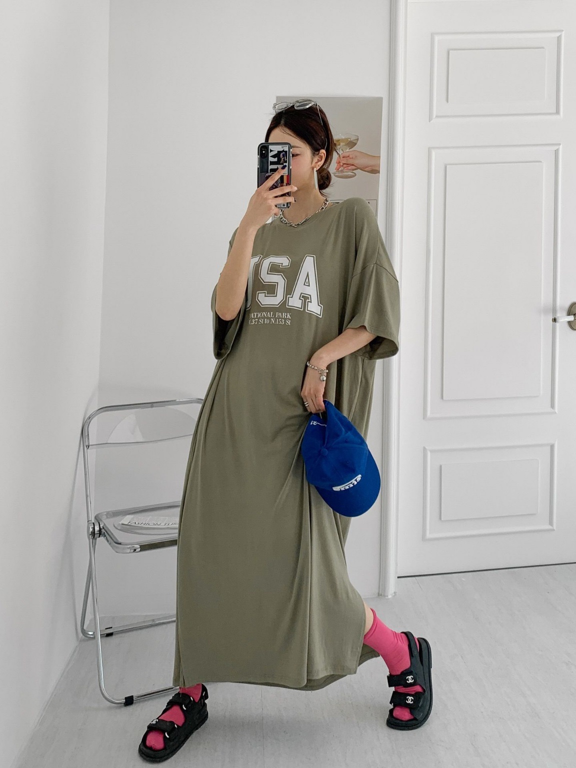 ラウンドネックスリットオーバーサイズマキシロング半袖ビッグプリントワンピース | 詳細画像4